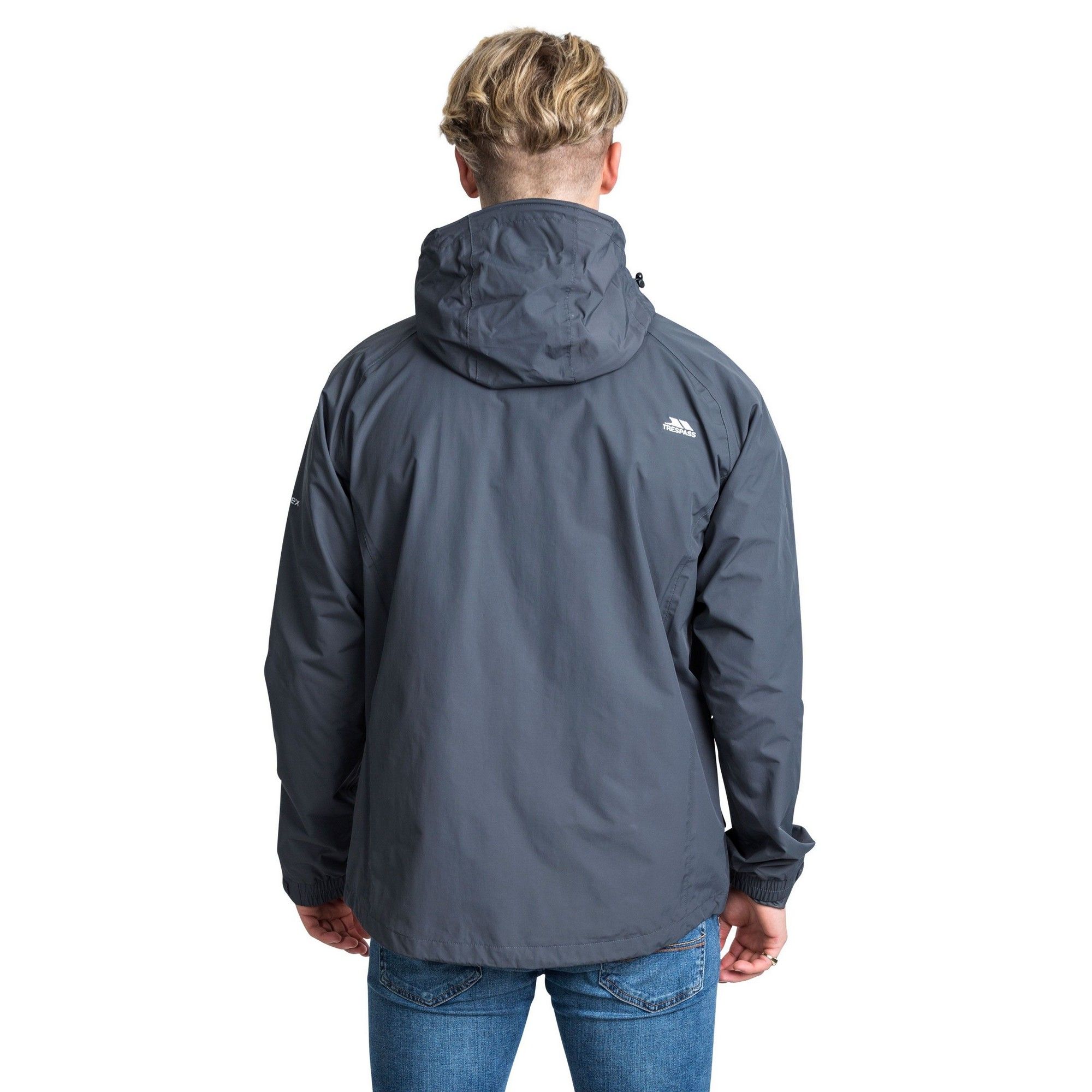 Waterproof jacket with adjustable concealed hood. 2 zipped lower pockets. Zipped chest pocket. Hem drawcord with side adjusters. Elasticated cuff with tab adjuster. Inner zipped pocket. Waterproof 5000mm, breathable 5000mvp, windproof, taped seams. Shell: 100% polyamide taslan, PU coating. Lining: 100% polyester. Trespass Mens Chest Sizing (approx): S - 35-37in/89-94cm, M - 38-40in/96.5-101.5cm, L - 41-43in/104-109cm, XL - 44-46in/111.5-117cm, XXL - 46-48in/117-122cm, 3XL - 48-50in/122-127cm.