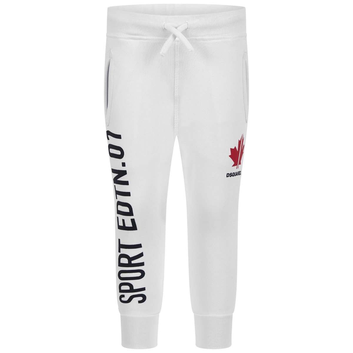 Dsquared² joggers for kids in a white hue with a drawstring waistband, side pockets and  the logo print on the front.