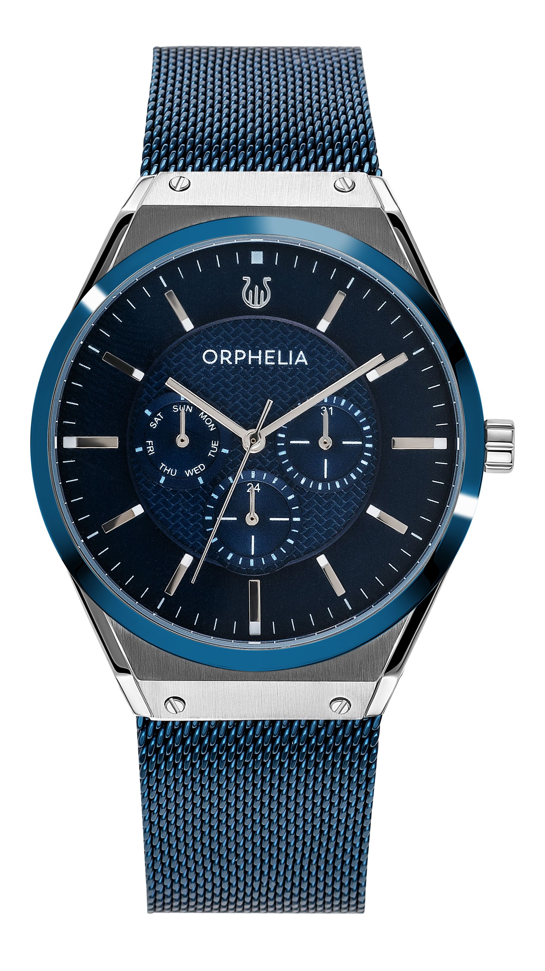 This Orphelia Saffiano Multi Dial Watch for Men is the perfect timepiece to wear or to gift. It's Silver 41 mm Round case combined with the comfortable Blue Stainless steel watch band will ensure you enjoy this stunning timepiece without any compromise. Operated by a high quality Quartz movement and water resistant to 3 bars, your watch will keep ticking. GREAT DESIGN: ORPHELIA Saffiano Multi dial  watch with a Miyota Quartz movement includes a date display and has a mesh band. This watch features a 24 hour display. Perfect for parties, date nights and wearing in the office. PREMIUM QUALITY: By using high-quality materials  Glass: Mineral Glass  Case material: Stainless steel  Bracelet material: Stainless steel- Water resistant: 3 bars COMPACT SIZE: Case diameter: 41 mm  Height: 9 mm  Strap- Length: 22 cm  Width: 20 mm. Due to this practical handy size  the watch is absolutely for everyday use-Weight: 92 g