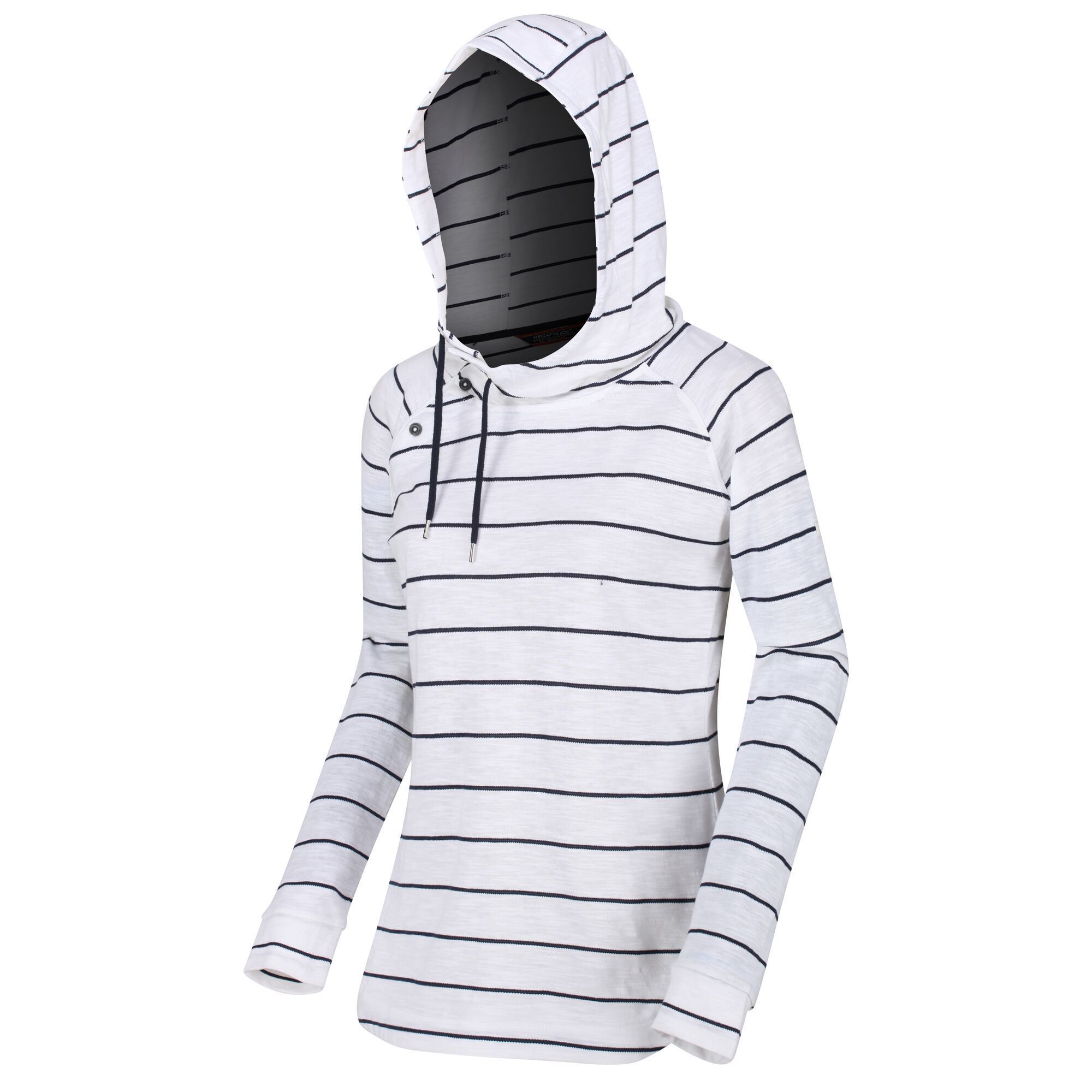 Material: 100% Polyester. Soft-wearing coolweave fabric hoodie with drawcord adjusters. Asymmetric button placket.