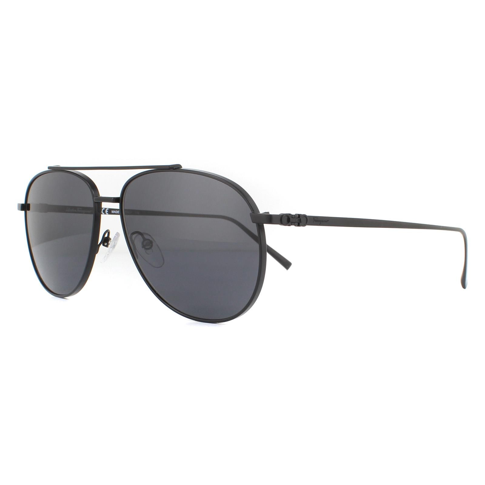 Salvatore Ferragamo Sunglasses SF201S 002 Matte Black Grey are an aviator design crafted from super lightweight metal with ultra thin temples engraved with the Ferragamo logo.
