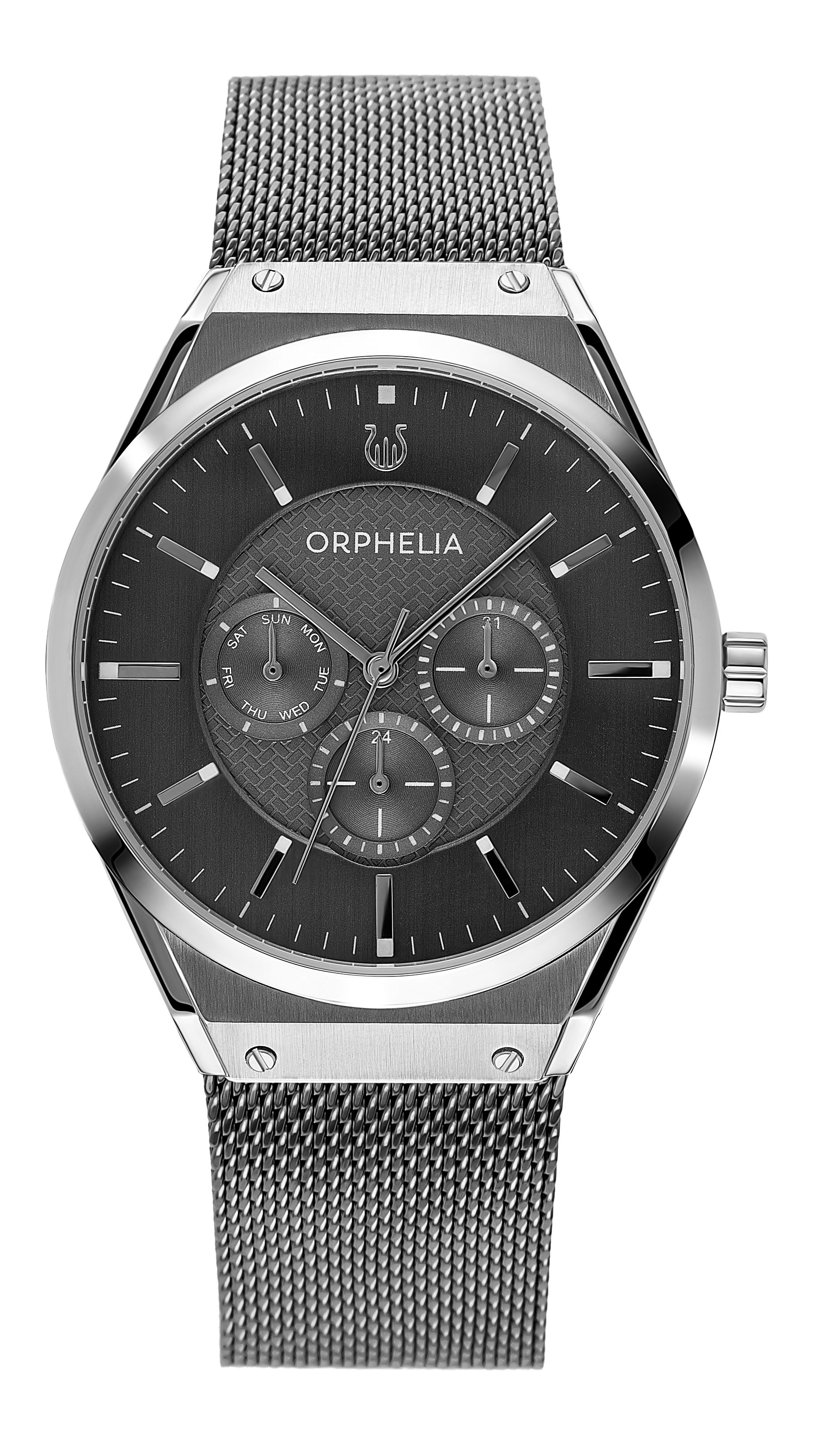 This Orphelia Saffiano Multi Dial Watch for Men is the perfect timepiece to wear or to gift. It's Silver 41 mm Round case combined with the comfortable Grey Stainless steel watch band will ensure you enjoy this stunning timepiece without any compromise. Operated by a high quality Quartz movement and water resistant to 3 bars, your watch will keep ticking. GREAT DESIGN: ORPHELIA Saffiano Multi dial  watch with a Miyota Quartz movement includes a date display and has a mesh band. This watch features a 24 hour display. Perfect for parties, date nights and wearing in the office. PREMIUM QUALITY: By using high-quality materials  Glass: Mineral Glass  Case material: Stainless steel  Bracelet material: Stainless steel- Water resistant: 3 bars COMPACT SIZE: Case diameter: 41 mm  Height: 9 mm  Strap- Length: 22 cm  Width: 20 mm. Due to this practical handy size  the watch is absolutely for everyday use-Weight: 92 g