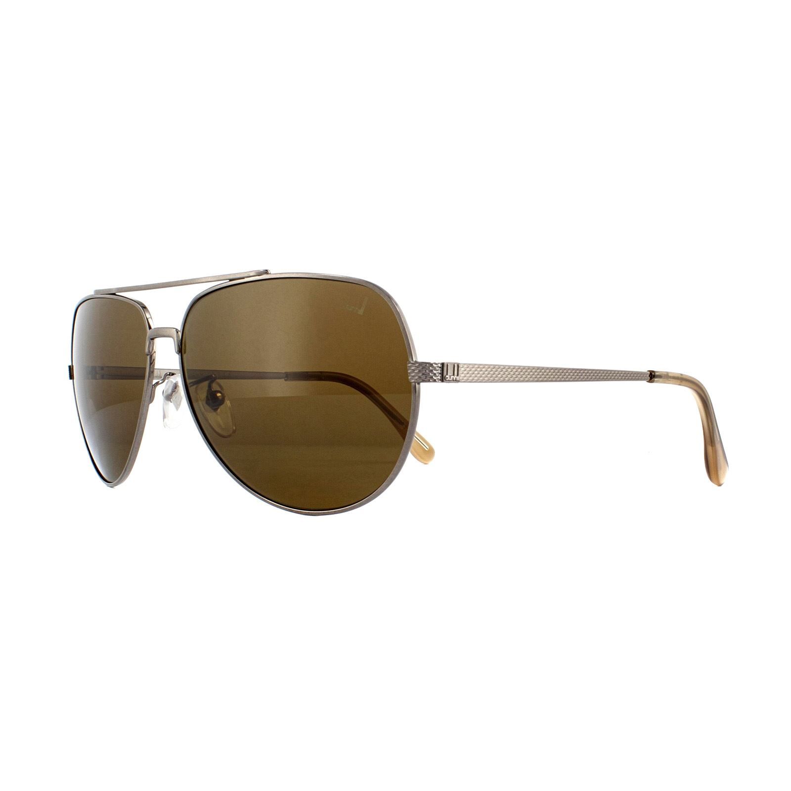 Dunhill Sunglasses SDH007 509P Shiny Gunmetal Brown Polarized are a classic aviator style with textured patterned arms and matching top brow bar for a stylish unique finish.