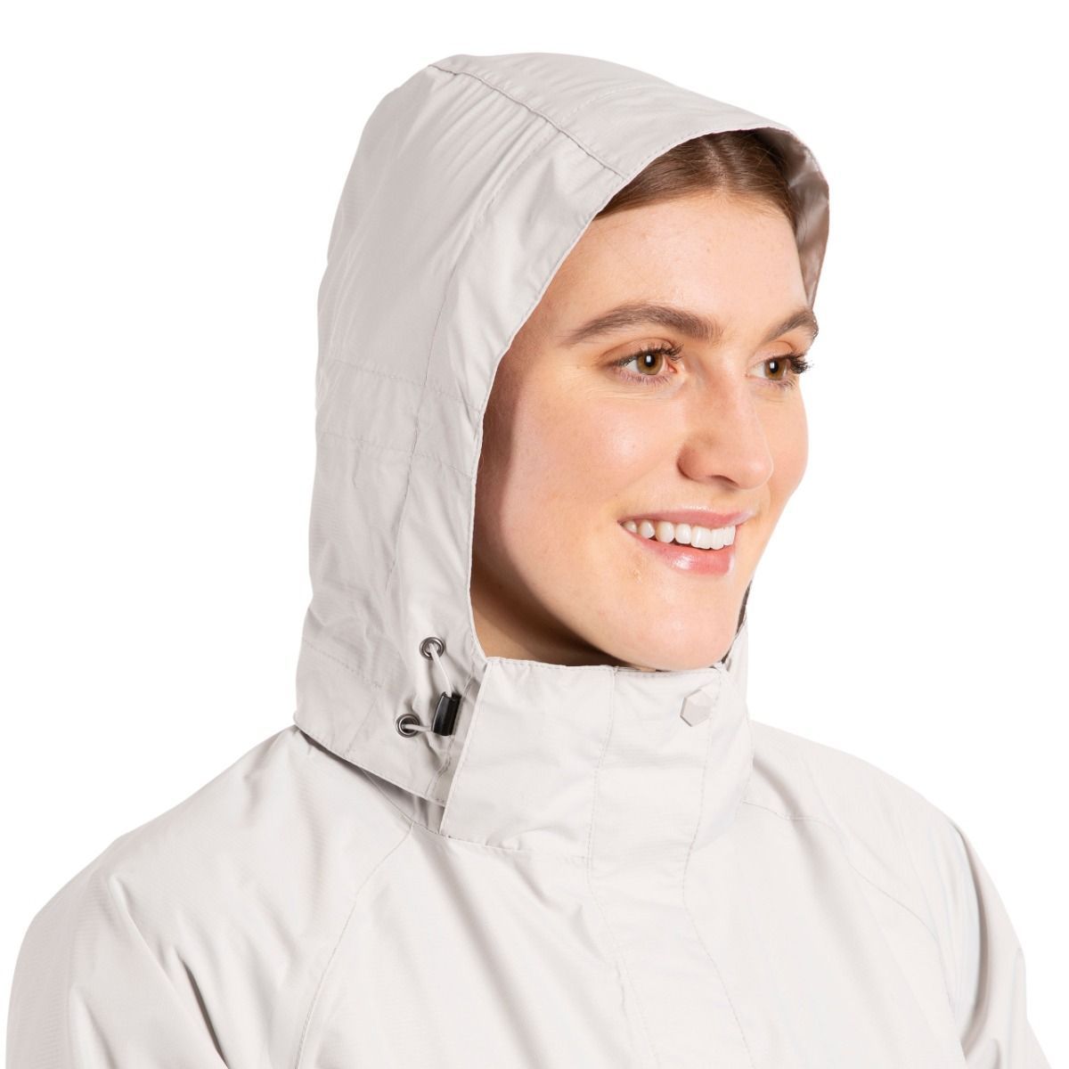 Shell jacket. Jaquard honeycomb mini ripstop. Adjustable zip off hood. 2 waterproof zip pockets. 1 inner zip pocket. Double storm flaps. Adjustable shaped cuffs. Adjustable drawcord at hem and collar. Waterproof 5000mm, breathable 5000mvp, windproof, taped seams. Shell: 100% Polyester, TPU membrane, Lining: 100% Polyester. Trespass Womens Chest Sizing (approx): XS/8 - 32in/81cm, S/10 - 34in/86cm, M/12 - 36in/91.4cm, L/14 - 38in/96.5cm, XL/16 - 40in/101.5cm, XXL/18 - 42in/106.5cm.
