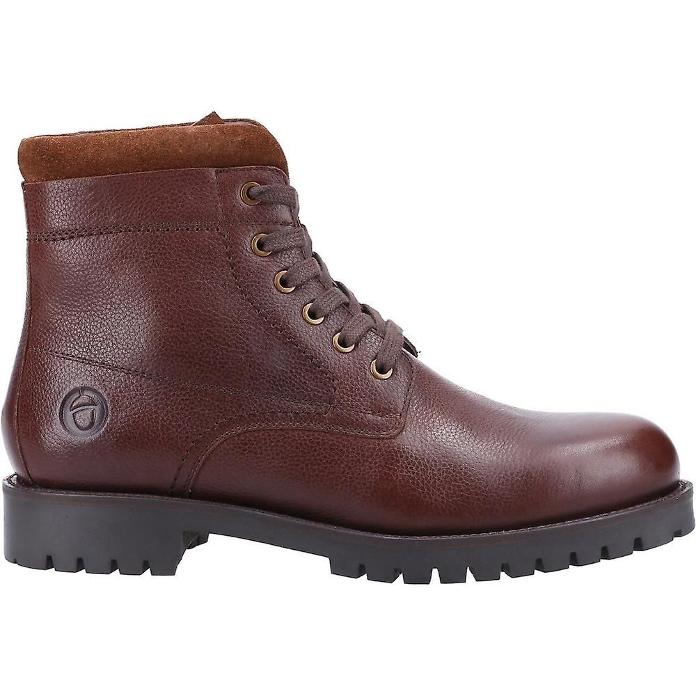 Upper: Leather. Fastening: Lace Up. 6 Eyelets. Hardwearing, Padded Collar. Low Heel. Cut: Mid Cut. Design: Embossed, Logo. Toe Style: Round. Style: Country.