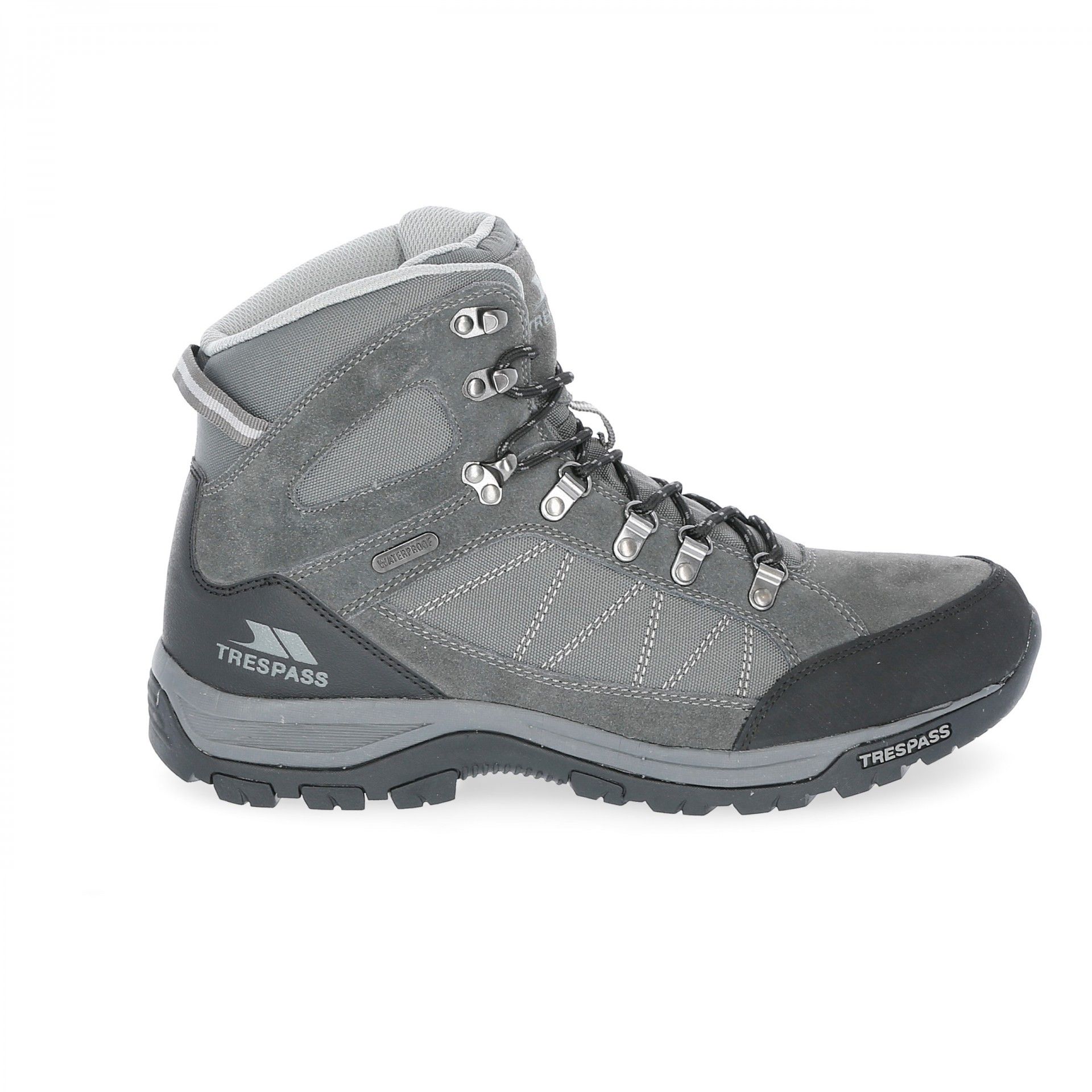 Trail mid cut hiking boots. Waterproof and breathable membrane. Gussetted tongue. Protective and durable rubber toe guard. Ankle supportive cushioned collar and tongue. Arch stabilising and supportive steel shank. Cushioned footbed. Durable traction outsole. Upper: textile/cow suede/PU/rubber. Lining: textile. Outsole: moulded EVA/rubber.