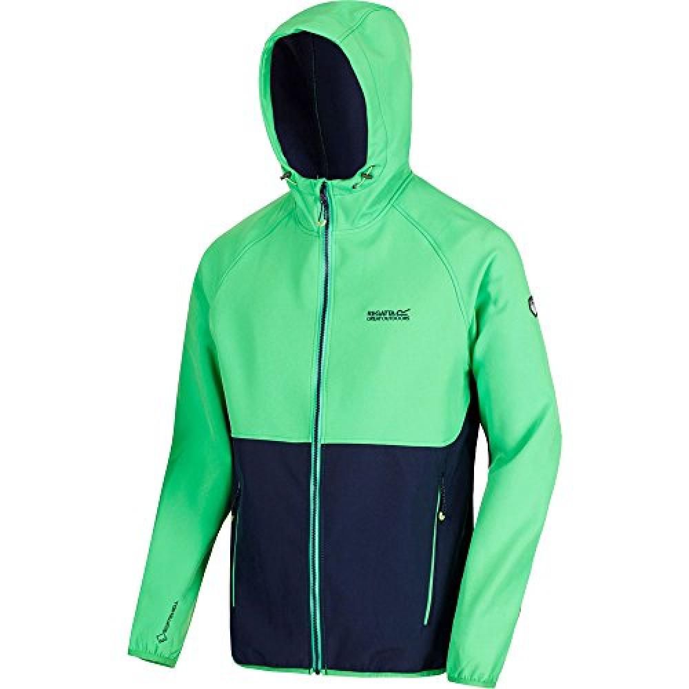 100% Polyester. Hooded, zip up jacket made from woven stretch softshell material with warming inner lining. Ideal for outdoor use in all weather. Hand wash.