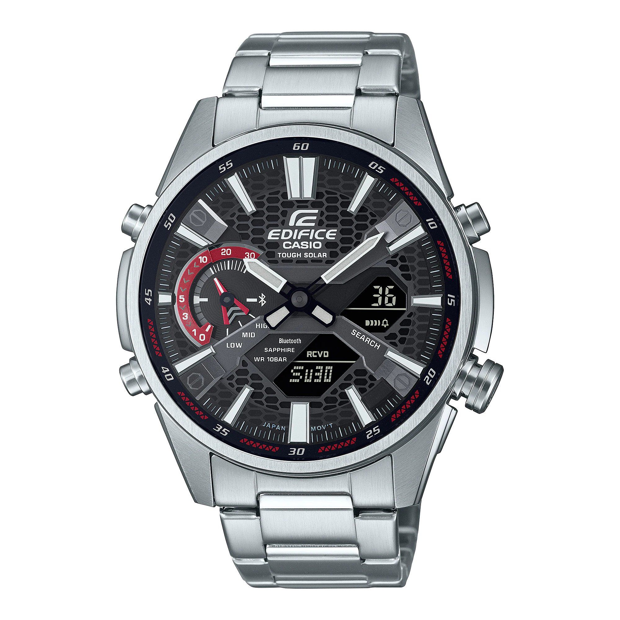 This Casio Edifice Analogue-Digital Watch for Men is the perfect timepiece to wear or to gift. It's Silver 42 mm Round case combined with the comfortable Silver Stainless steel will ensure you enjoy this stunning timepiece without any compromise. Operated by a high quality Quartz movement and water resistant to 10 bars, your watch will keep ticking. This sporty and fashionable watch gives you a unique feeling in every outfit! -The watch has a Calendar function: Day-Date, Bluetooth, Solar Powered,Stop Watch, Worldtime, Countdown High quality 21 cm length and 21 mm width Silver Stainless steel strap with a Fold over with push button clasp Case diameter: 42 mm,case thickness: 9 mm, case colour: Silver and dial colour: Black