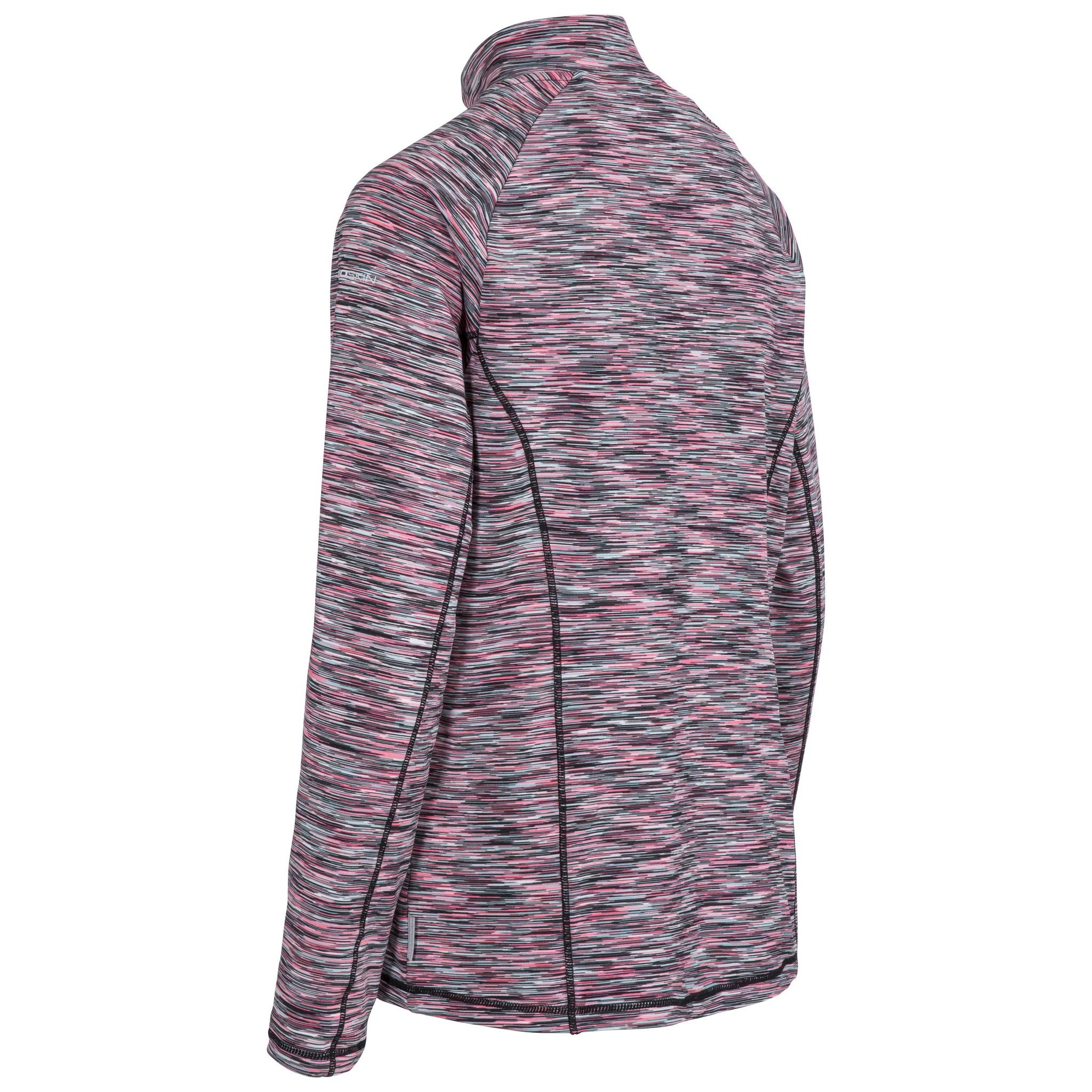 1/2 zip neck. Long sleeve. Small rear zip pocket. Contrast inner back neck binding. Reflective printed logos. Wicking. Quick dry. 87% Polyester, 13% Elastane. Trespass Womens Chest Sizing (approx): XS/8 - 32in/81cm, S/10 - 34in/86cm, M/12 - 36in/91.4cm, L/14 - 38in/96.5cm, XL/16 - 40in/101.5cm, XXL/18 - 42in/106.5cm.