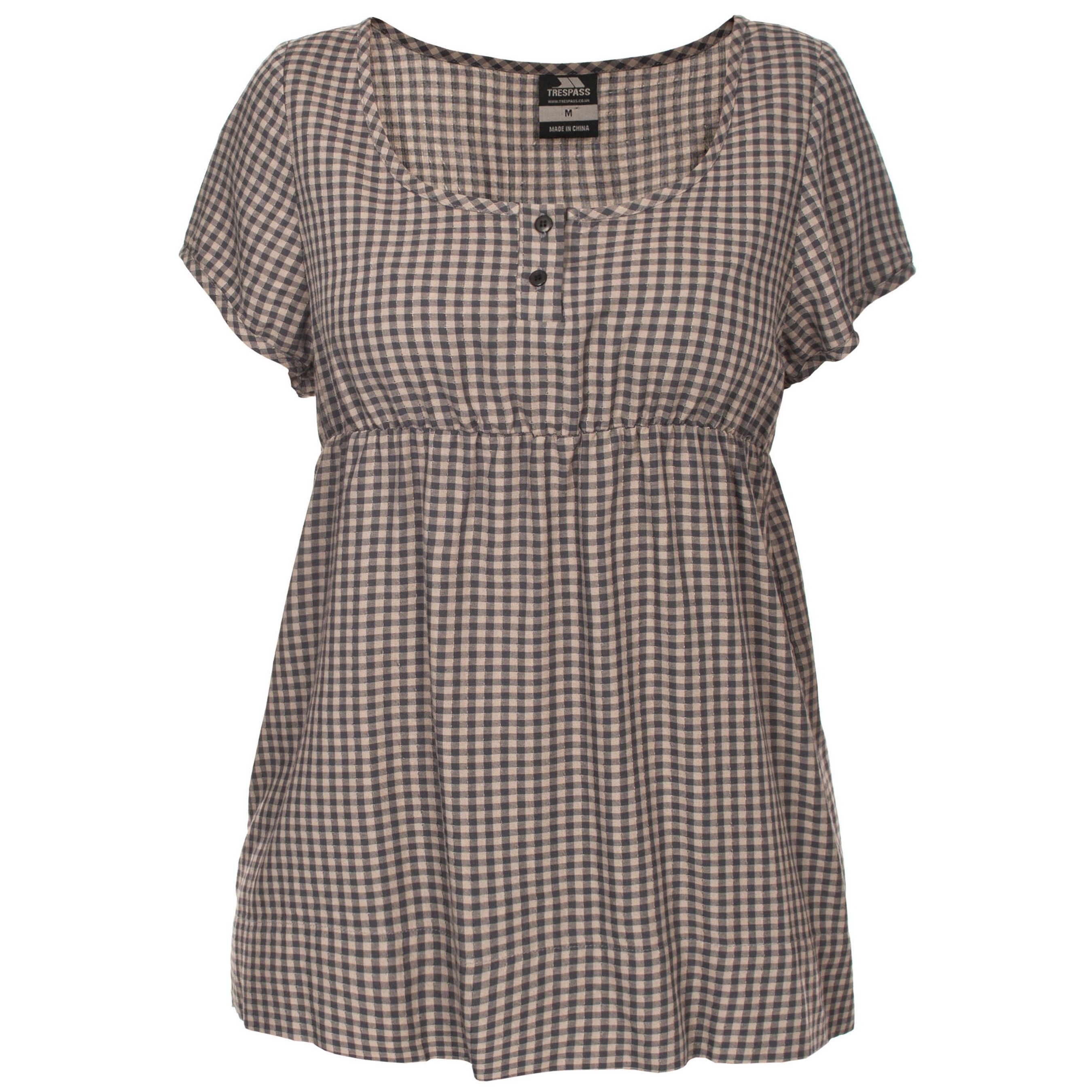 Round scooped neck. Short sleeves. Button fastening. Elastic under bust. 100% Viscose printed. Trespass Womens Chest Sizing (approx): XS/8 - 32in/81cm, S/10 - 34in/86cm, M/12 - 36in/91.4cm, L/14 - 38in/96.5cm, XL/16 - 40in/101.5cm, XXL/18 - 42in/106.5cm.