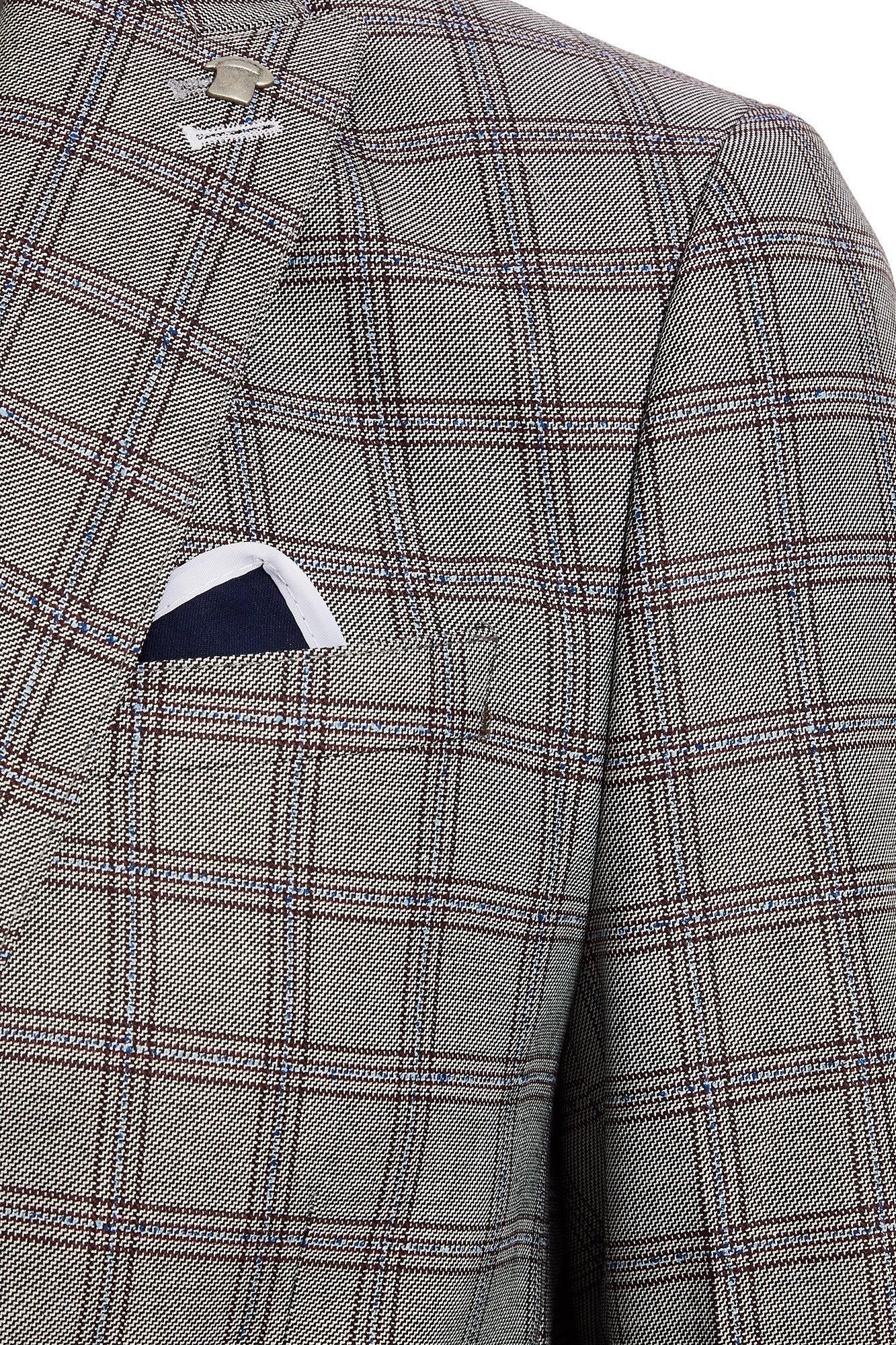 Grey Check Pattern  	Double Button Fastening  	Double Vented Back  	Functional Side Pockets  	Internal Pockets  	Pocket Square  	Lined with Internal Pockets