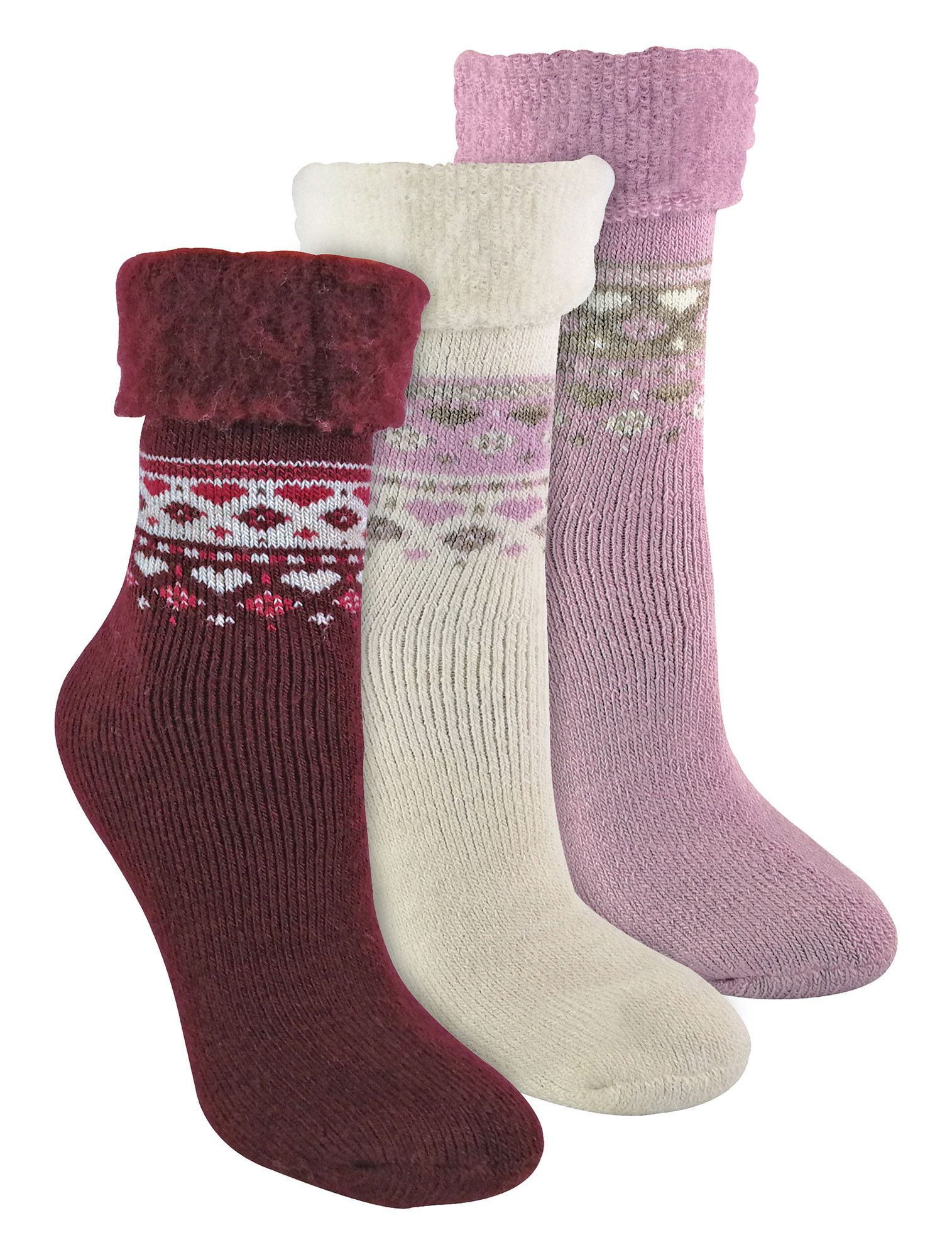 3 Pack Ladies Wool Nordic Design Bed Socks Deep Fuchsia / Pink / Cream