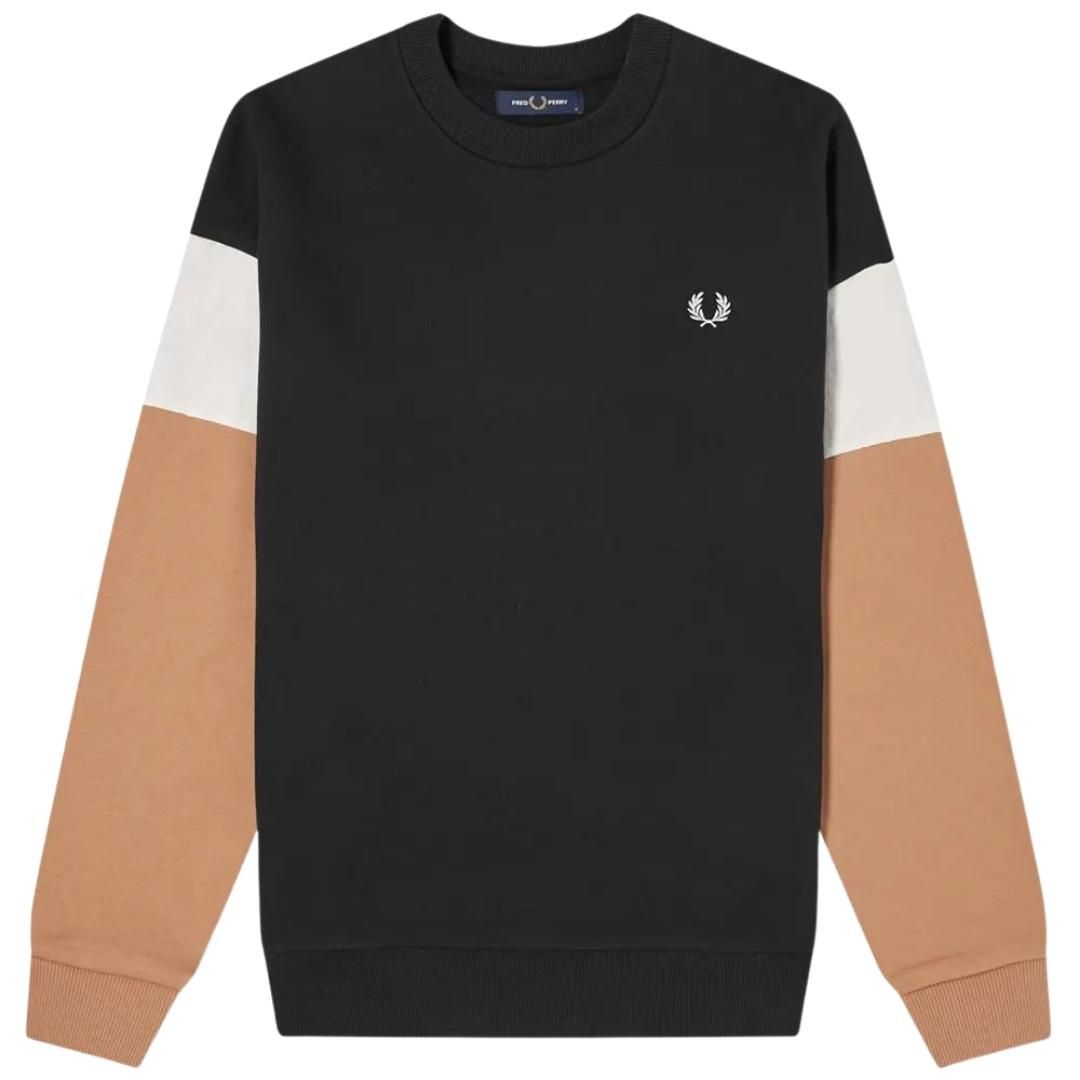 Fred Perry ColourBlock Arm M1639 102 Black Jumper. Fred Perry Black Sweater. 100% Cotton. Round Neck. Elasticated Sleeve and Hem. Style Code: M1639 102