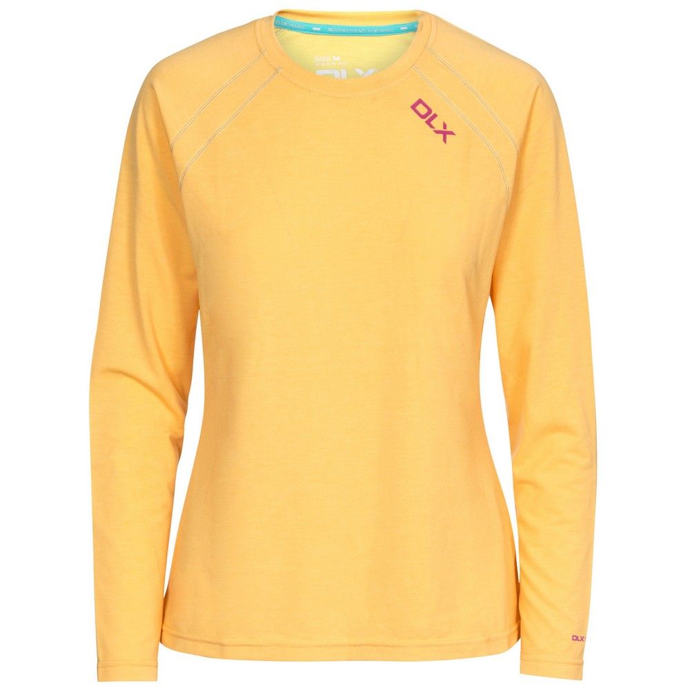62% polyester, 33% viscose, 5% elastane.  quick dry long sleeve. Uses DLX skin trademarked fabric technology. Allows material to wick sweat away from the body.