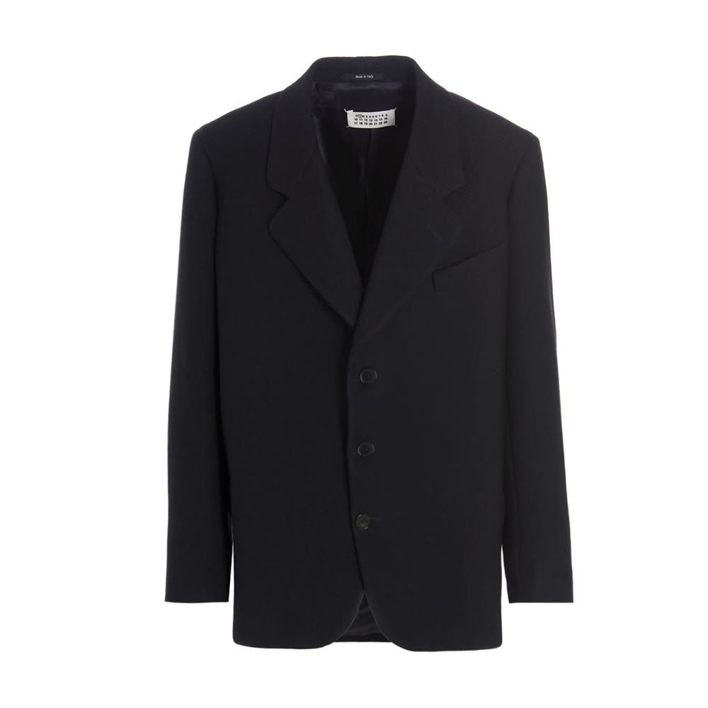Single-breasted virgin wool blazer jacket with button closure and contrast stitching detail.