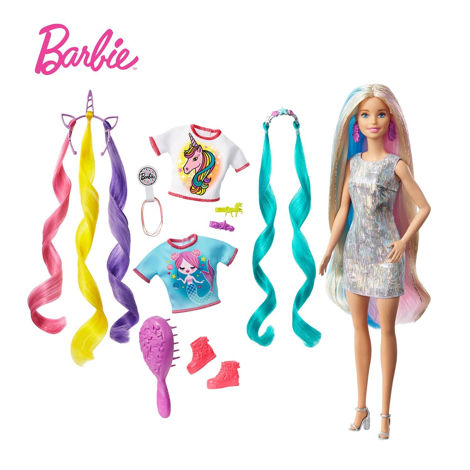 Barbie Fantasy Hair Doll with Mermaid and Unicorn Accessories

Create a magical unicorn or mermaid Barbie with the Barbie Fantasy Hair doll. This Barbie doll comes with two beautiful fantasy looks, with crowns, colourful extensions and themed tops to transform Barbie(C) into a unicorn or mermaid. Barbie’s blonde hair will glow with other bright colours, and kids can use the hairbands, clips and hairbrush included to create a Barbie Fantasy Hair doll of their own. Kids aged 3+ will love dressing up Barbie and making her shine! Doll cannot stand alone. Colours and styles may vary.

Features:

Barbie Fantasy Hair Doll comes with two different fantastical looks and accessories – to make either a unicorn or mermaid Barbie.
Dress the Barbie doll with the mermaid top, and add the mermaid hair crown of seashells, starfishes and elegant long teal extensions to brighten her blonde hair.
Or turn mermaid Barbie into a unicorn with the unicorn rainbow T-shirt, crown and colourful hair extensions in purple, yellow and pink.
Use the hair clips, bands and brush to style Barbie’s long, vibrant and glitter-streaked hair for an even more fantastical look.
Accessorise the Barbie party dress with silver heels or pink trainers, and purple drop earrings.

Specifications:

Type: Doll Set
Colour: Multicolour
Age Range: 3 to 7 Years
Material: Abs Plastic

Package Includes: Barbie Fantasy Hair Doll with Mermaid and Unicorn Accessories