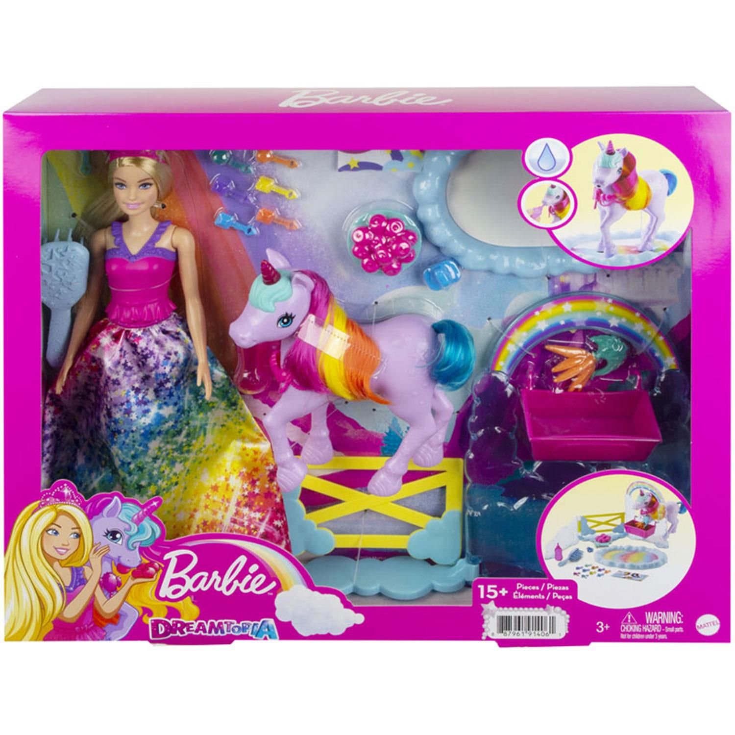Barbie Dreamtopia Unicorn Pet Playset with Princess Doll

This Barbie Dreamtopia playset inspires kids to create all kinds of nurturing fairytale adventures! The Barbie princess doll can take care of her pet unicorn toy. Fill the bottle with water and help the Barbie doll feed her unicorn friend. The potty pad will change colour from white to a beautiful rainbow! This Barbie playset comes with a toy unicorn trough, snacks, hairbrushes (for Barbie princess and her unicorn) and 10 doll accessories for many imaginative play possibilities. Makes an excellent gift for kids aged 3+.

Features:

With a magical Colour change feature and so many accessories
This Barbie princess doll and unicorn playset makes the perfect gift
Doll cannot stand alone.
Colours and decorations may vary.

Specifications:

Toy Type: Unicorn Doll Play Set
Material: Abs Plastic
Colour: Multicolour
Age Range: 3 Years & Above

Box Contains:

1x Barbie Doll
1x toy unicorn trough
1x snacks
1x hairbrushes
1x grooming brush
10x doll accessories
