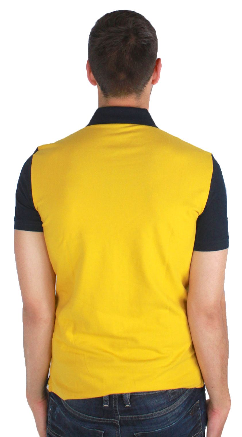 Armani Jeans 6Y6F24 6JPTZ 1579 Polo Shirt. Short Sleeved Navy Blue Armani Polo Shirt. Navy on Front, Yellow on Back. 96% Cotton, 4% Elastane. Armani Jeans Collection By Giorgio Armani. Code: 6Y6F24 6JPTZ 1579