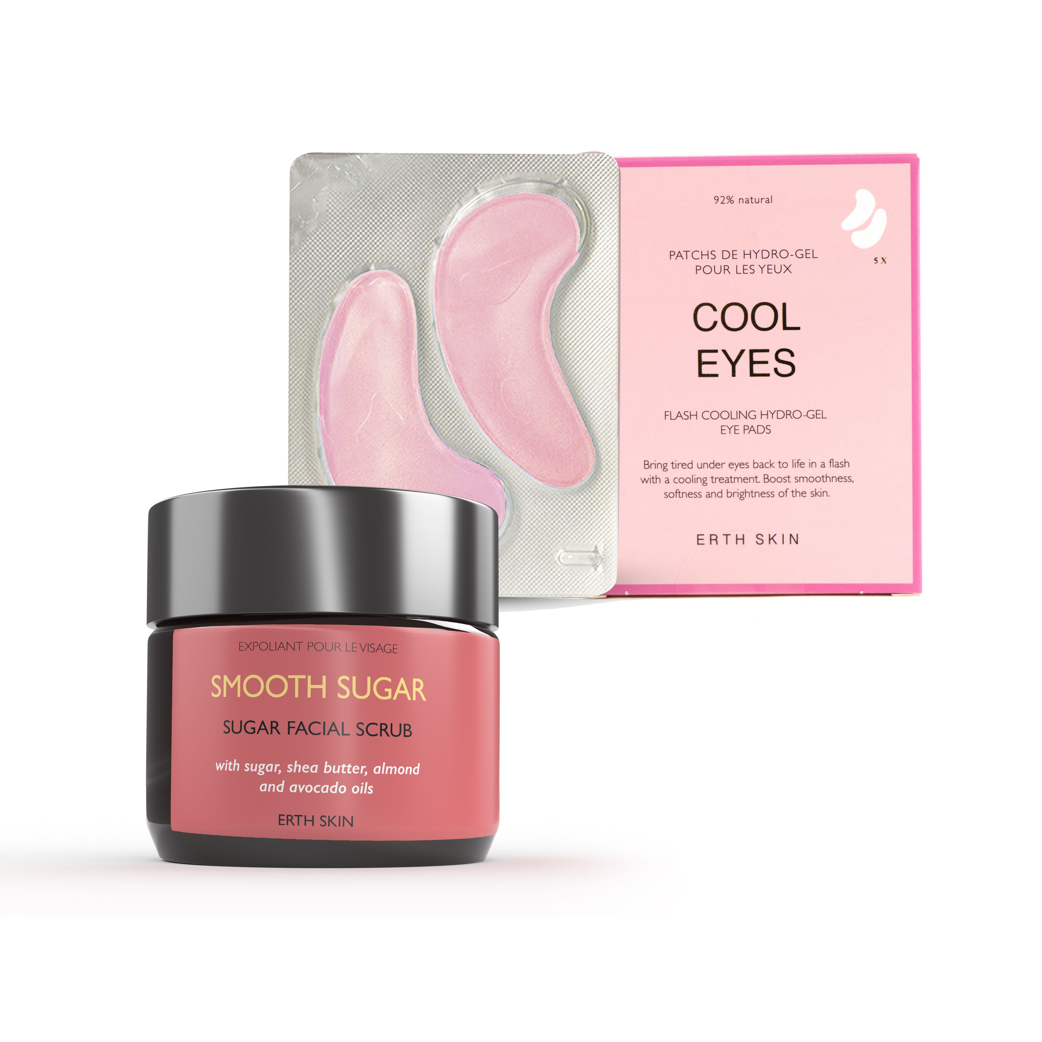 Cool Eyes Flash Cooling Hydro-gel eye pads are treatment masks that aim to bring tired eyes back to life and help reduce the appearance of puffiness and fatigue. Infused with firming complex that smoothens the look of the skin and aims to make the skin feel firmer and look smoother. Infused with Acai berry extract and raspberry extract that feeds the skin with nourishing antioxidants and vitamins.Smooth Sugar is a natural face exfoliator that aims to polish dead skin cells and make the skin appear smoother, more even and nourished. Use as an exfoliating cleanser when you add water. Infused with smoothing sweet sugar, super soothing and moisturising shea butter and moisture locking almond and avocado oils.
98% natural ingredients
Sweet sugar extract
Adds soft bouncy feeling to the skin
Contain natural anti-pollution complex
Boosts skin’s smoothness and radiance
Locks in moisture with jojoba and avocado oil
Nutrient rich formula with protective antioxidants
Promotes natural softness of the skin
Usage: Take a generous scoop of the product to your finger-tips and apply to skin, massage with circular motions to the skin avoiding eyes, add water and continue massaging and see how the scrub transforms to milky cleanser. Wash away with water. For gentler exfoliator take a small dollop of the scrub to your palm add few drops of warm water and mix. The exfoliator becomes milky and smooth, apply to your face in circular motions and wash with warm water.