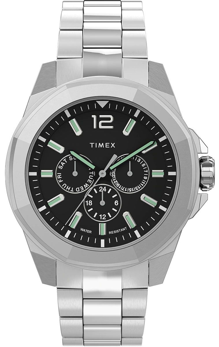This Timex Essex Avenue Multi Dial Watch for Men is the perfect timepiece to wear or to gift. It's Silver 45 mm Round case combined with the comfortable Silver Stainless steel watch band will ensure you enjoy this stunning timepiece without any compromise. Operated by a high quality Quartz movement and water resistant to 5 bars, your watch will keep ticking. This casual and modern watch is perfect for all kind of casual activities, indoor activities or daily use, it's also a great gift for family and friend.  -The watch has a calendar function: Day-Date, 24-hour Display, Luminous Hands, Luminous Numbers High quality 21 cm length and 22 mm width Silver Stainless steel strap with a Fold over with push button clasp Case diameter: 45 mm,case thickness: 12 mm, case colour: Silver and dial colour: Black