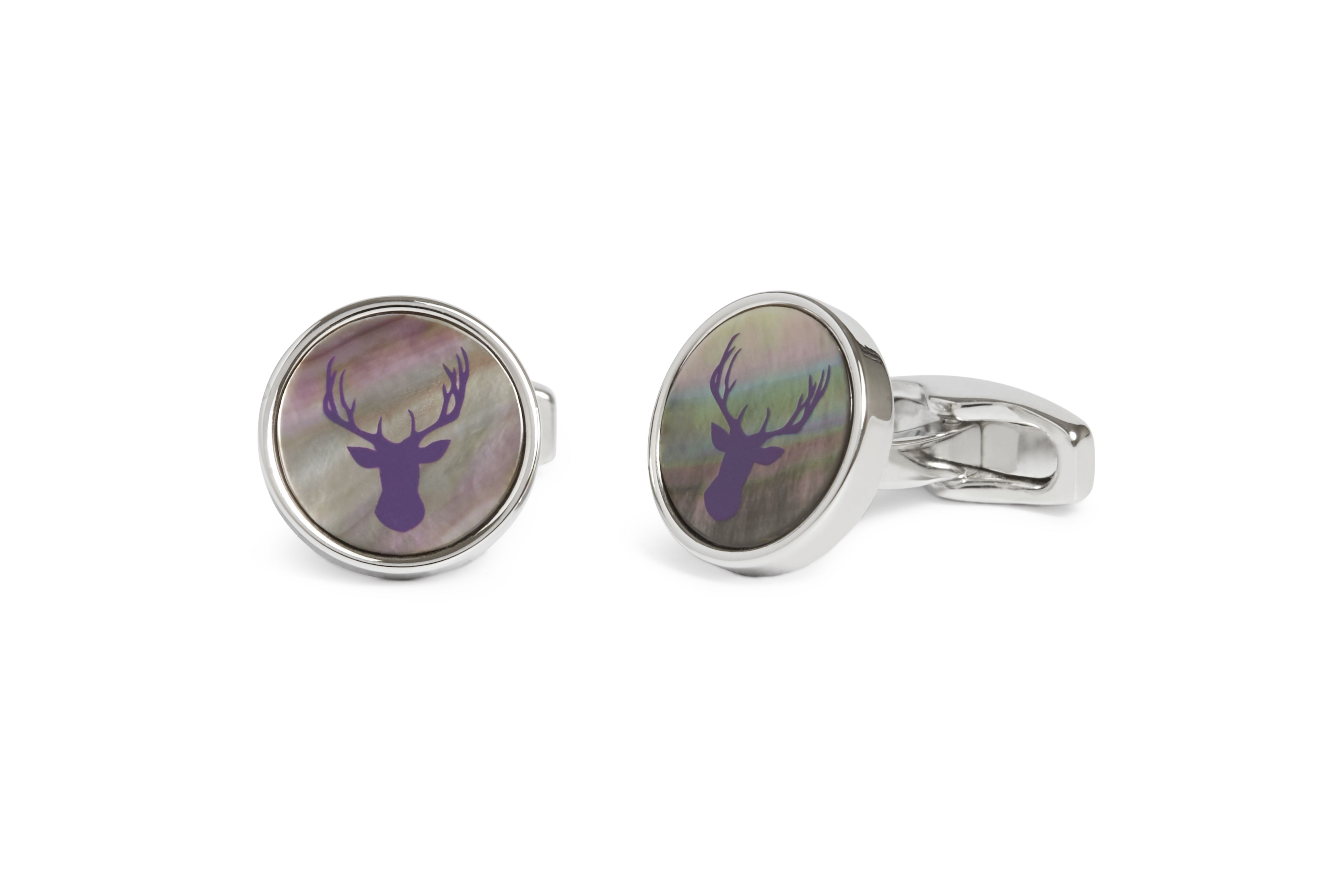 A majestic stag in silhouette, ingeniously screen printed onto grey mother of pearl. Inspired by the success of my 'Pursuits Stag, cufflink this piece is designed to evoke the colours of the Scottish Highlands - the rich, multi earth-hued tones of grey mother of pearl evoke the colours of highland moors, grey granite, the muted grey/green of bog myrtle, heather in bloom, the brown flanks of rocky hills. A simple design, but very effective in its combinations.