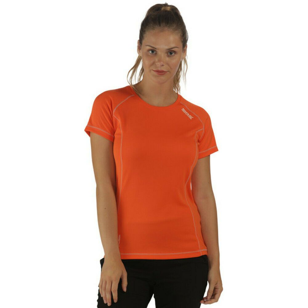 100% polyester. Womens short sleeve t-shirt. Lightweight performance base layer made with airy polyester fabric. Quick-drying, efficiently moves moisture away from your skin and is incredibly soft-to-wear. Features include offset shoulder seams to sit smoothly under rucksack straps, self-fabric collar with internal neck tape for friction-free comfort and the Regatta print on the chest. Regatta Womens sizing (bust approx): 6 (30in/76cm), 8 (32in/81cm), 10 (34in/86cm), 12 (36in/92cm), 14 (38in/97cm), 16 (40in/102cm), 18 (43in/109cm), 20 (45in/114cm), 22 (48in/122cm), 24 (50in/127cm), 26 (52in/132cm), 28 (54in/137cm), 30 (56in/142cm), 32 (58in/147cm), 34 (60in/152cm), 36 (62in/158cm).