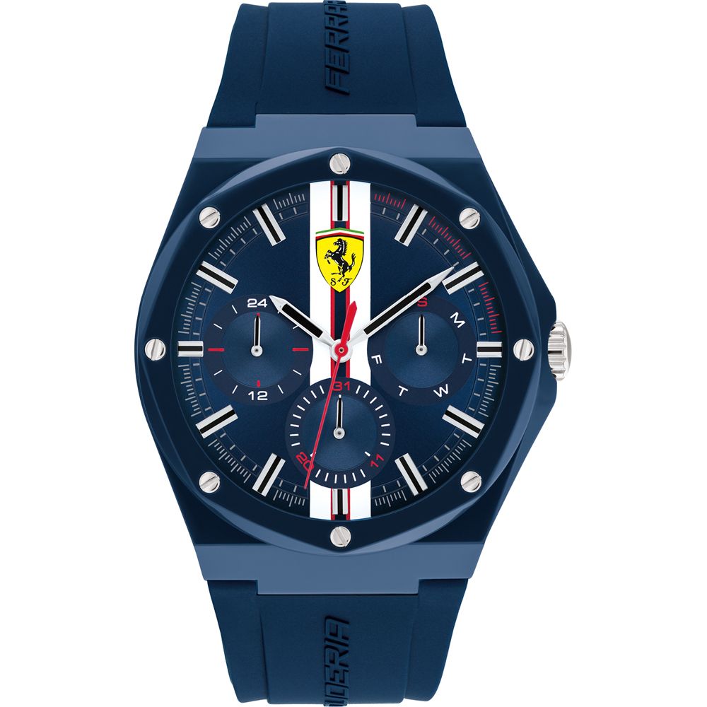 This Ferrari Aspire Multi Dial Watch for Men is the perfect timepiece to wear or to gift. It's Blue 42 mm Round case combined with the comfortable Blue Rubber watch band will ensure you enjoy this stunning timepiece without any compromise. Operated by a high quality Quartz movement and water resistant to 3 bars, your watch will keep ticking. This very fashionable watch with its rubber band make it comfortable to wear.  -The watch has a calendar function: Day-Date, 24-hour Display High quality 21 cm length and 24 mm width Blue Rubber strap with a Buckle Case diameter: 42 mm,case thickness: 11 mm, case colour: Blue and dial colour: Blue