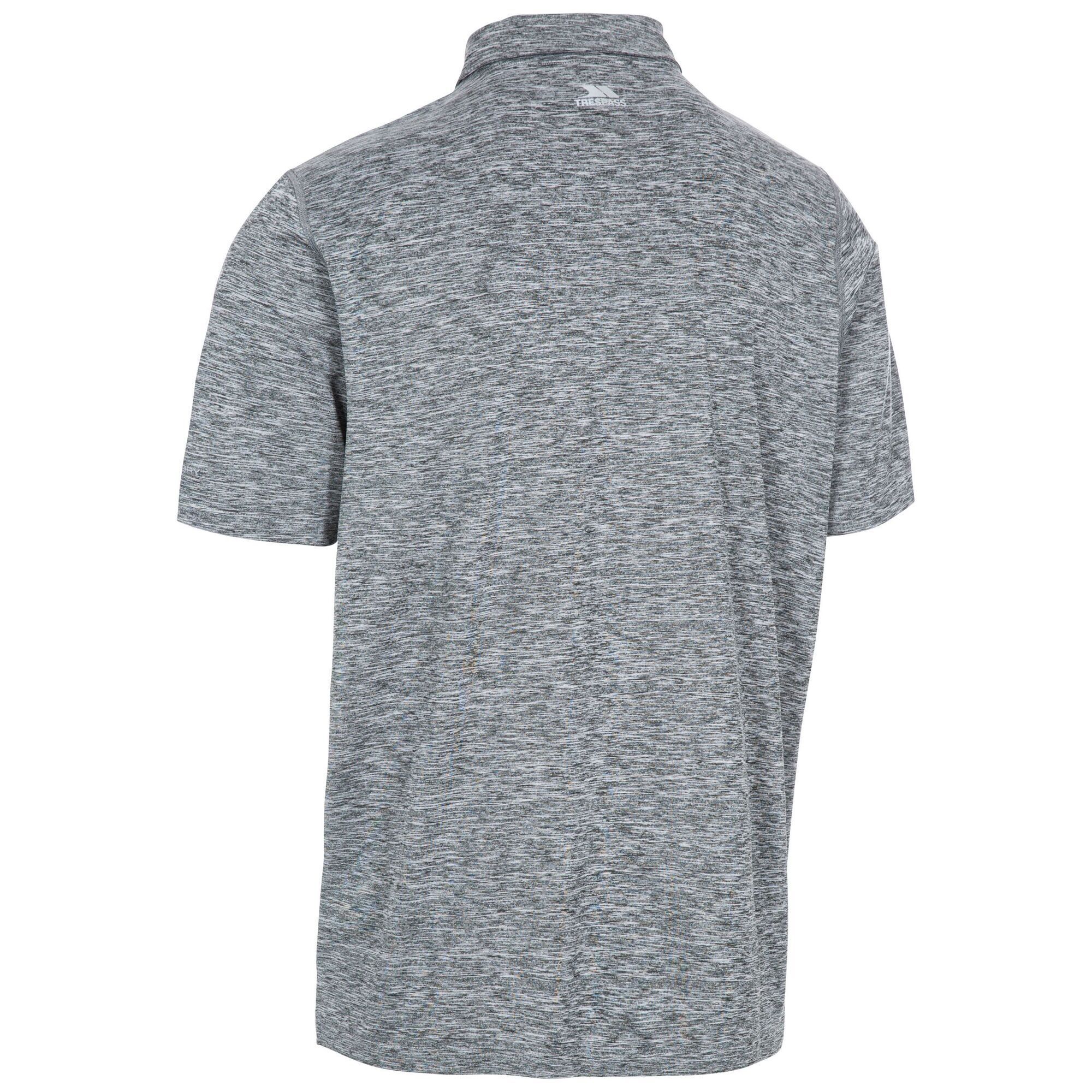 Marl fabric. Sweat wicking. Short sleeve. Button fastening.  Textured look. Material: 96% Polyester, 4% Elastane.