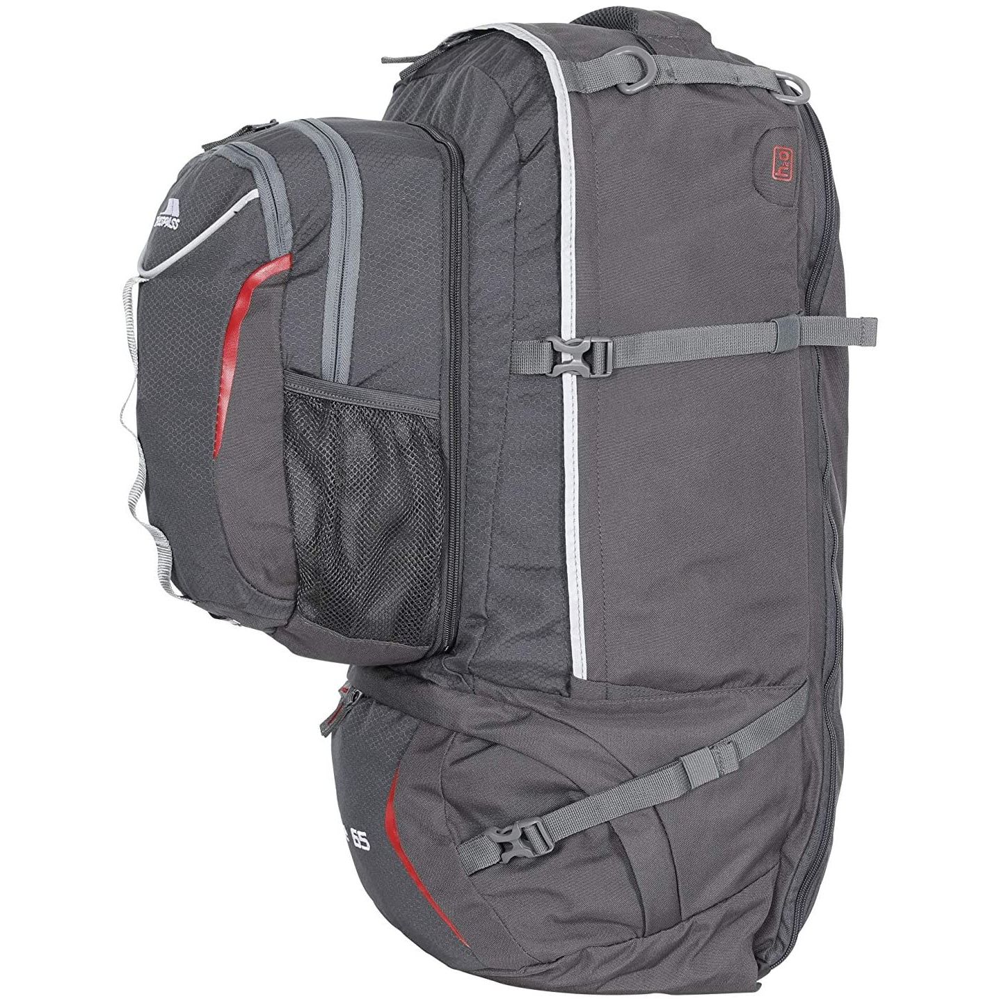 100% 600D Polyester ripstop. 65 litre rucksack. Detachable 10 litre backpack. Supportive back system. Load adjusting shoulder straps. Sturdy top carry handle.