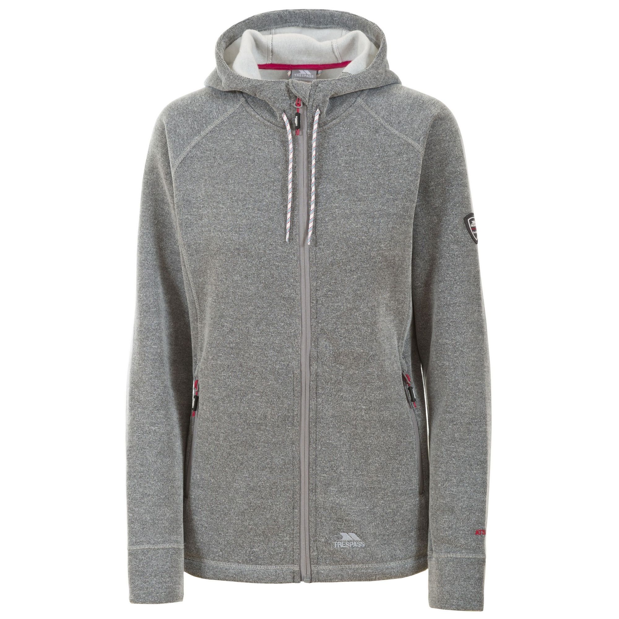 Knitted textured marl fleece. Back side brushed. Grown on hood. Tie adjustment on hood. Chinguard. 2 contrast zip pockets. Airtrap. 100% Polyester. Trespass Womens Chest Sizing (approx): XS/8 - 32in/81cm, S/10 - 34in/86cm, M/12 - 36in/91.4cm, L/14 - 38in/96.5cm, XL/16 - 40in/101.5cm, XXL/18 - 42in/106.5cm.