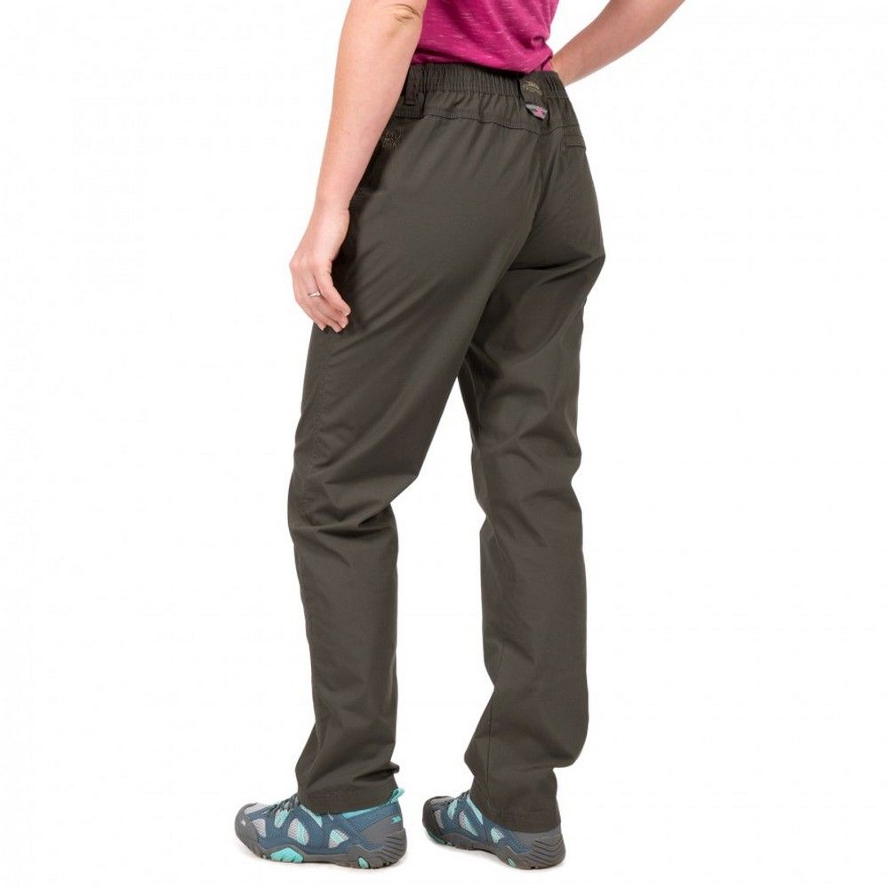 Womens trousers. Adjustable waist with back elastic. 1 zip pocket at back. 4 pockets. Contrast trims. UV40+. Water repellent. 65% Polyester, 35% Cotton, peached. Trespass Womens Waist Sizing (approx): XS/8 - 25in/66cm, S/10 - 28in/71cm, M/12 - 30in/76cm, L/14 - 32in/81cm, XL/16 - 34in/86cm, XXL/18 - 36in/91.5cm.