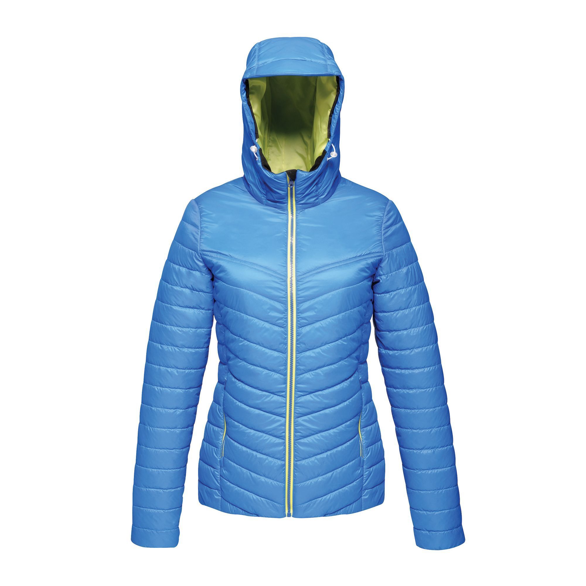 100% Polyamide with water repellent and cire finish. 140 GSM body insulation wadding weight. Polyester taffeta lining. Grown on insulated hood. Stretch binding to hood opening, cuffs and hem. 2 zipped lower pockets. Easily compressible.