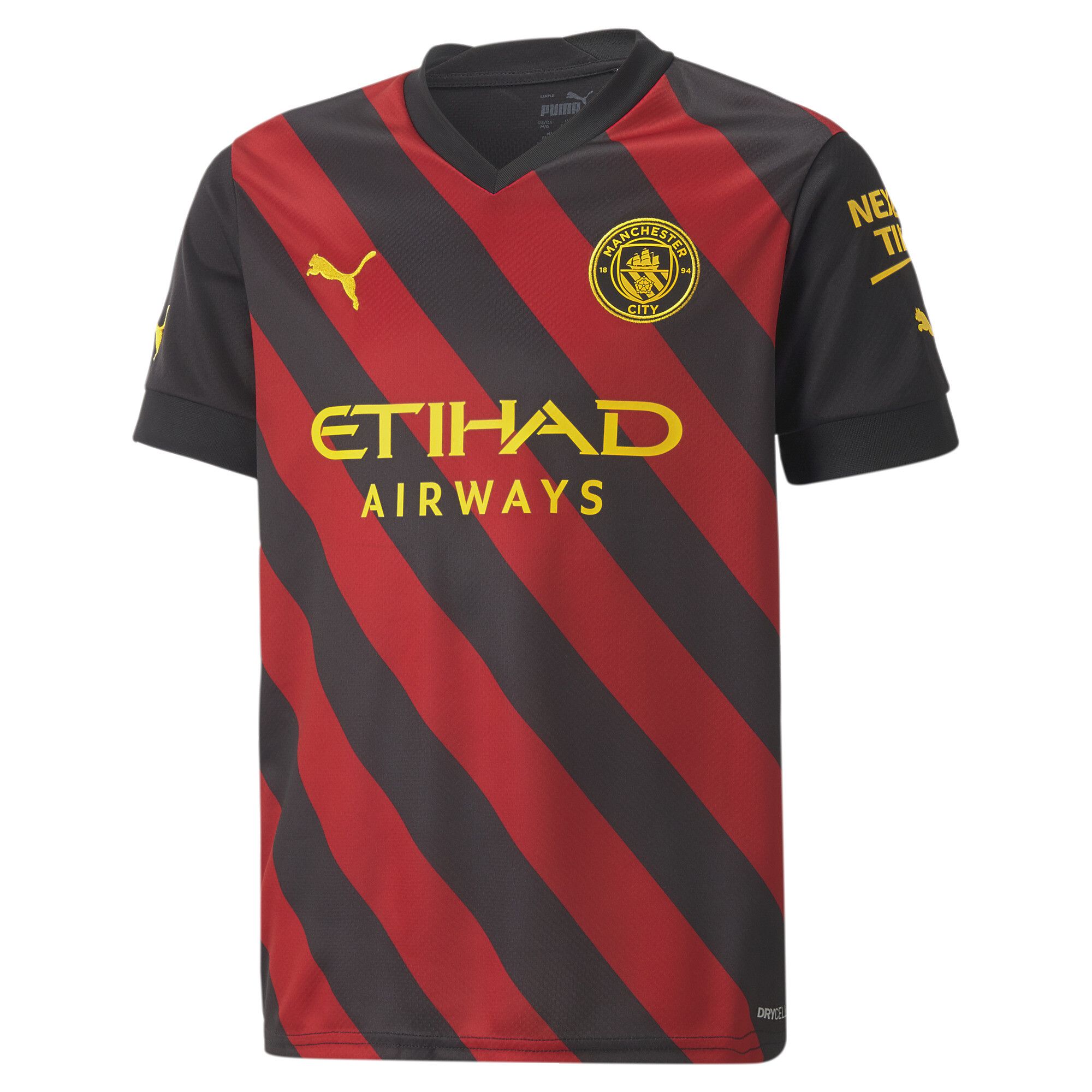 PRODUCT STORY :City put on a show. When the class of 1969 took to the road, they turned heads with their fearless, technically adept football – and their bold and brilliant new away strip. Conceived by the legendary Malcolm Allison, vertical stripes of red and black proved triumphant at the 1969 FA Cup Final, and the 1970 League Cup and European Cup Winners’ Cup finals, earning their place among all-time fan favorites. The 2022/23 Manchester City F.C. Away kit breathes new energy into a classic design. For the first time, red and black stripes flow down the jersey at an angle, inspired by the club crest and representation of the three Manchester rivers.   FEATURES & BENEFITS :dryCELL: Performance technology designed to wick moisture from the body and keep you free of sweat during exercise.Recycled Content: Made with 100% recycled material excluding trims & decorations as a step toward a better future. DETAILS :Regular fit.Set-in sleeve construction with raglan back seam.Flat knit v-neck.Embroidered PUMA Cat Logo on the chest and sleeves.Official team crest on the chest.