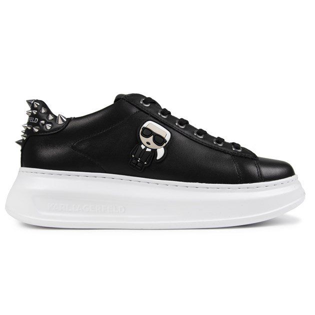 Women's Black Leather Karl Lagerfeld Kapri Stud Lace-up Trainers With Iconic Figure Branding, And White And Metallic Stud Detail On The Padded Heel Cushion. These Sneakers Feature A Leather Sock And Padded Heel With Chunky Rubber Sole And Trainer Tread.