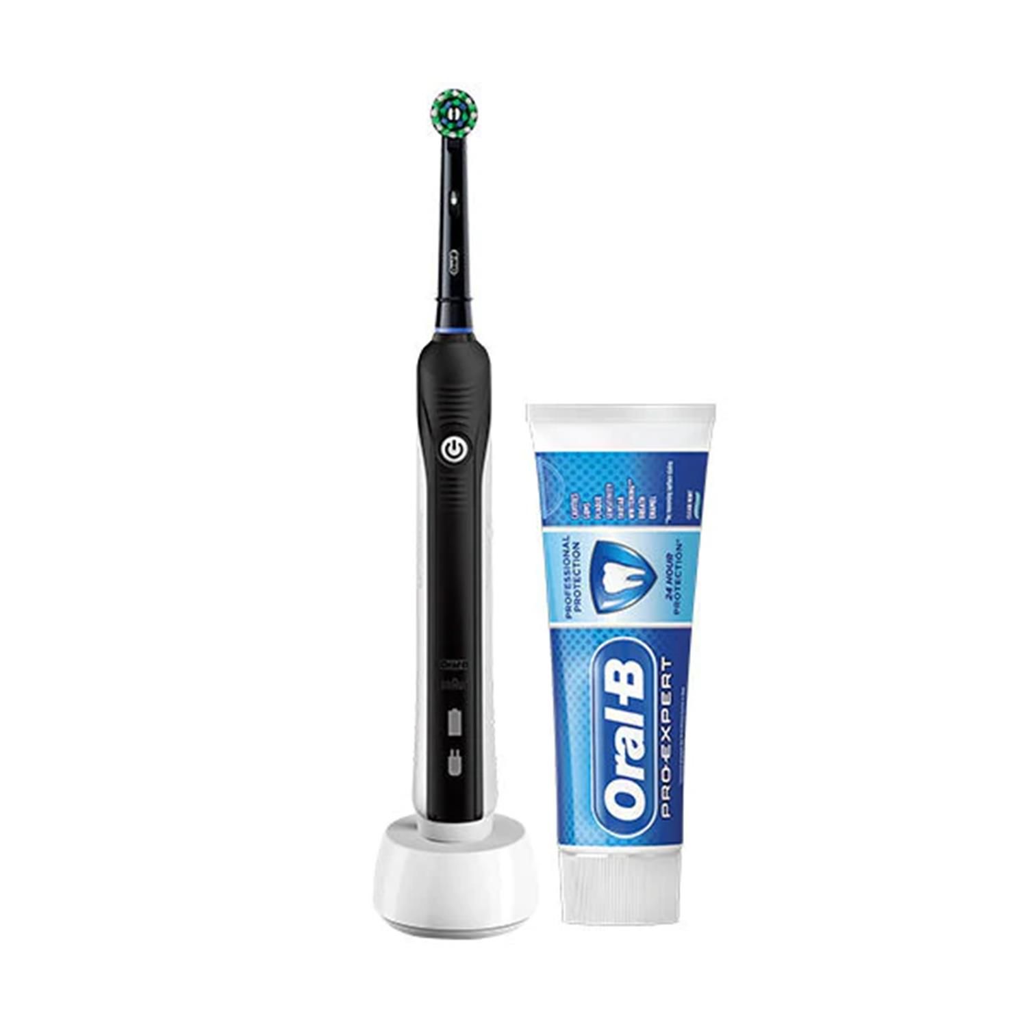 Oral-B Pro 1 - 650 - Black Electric Toothbrush with Toothbrush Head & Bonus Pro-Expert Professional Protection Toothpaste

Experience Oral-B Pro 1 from the #1 brand used by dentists worldwide. The Pro 1 electric toothbrush helps you brush like your dentist recommends for 2 minutes with the professional timer and it notifies you every 30 seconds to change the area you are brushing. While you are just moving the brush around your mouth, Oral-B's unique round head does all the rest. It removes up to 100% more plaque than a standard manual toothbrush for healthier gums, and it starts making your smile whiter as of the first day of brushing by removing surface stains. With the professional timer, Oral-B Pro 1 is a great toothbrush for everyone who wants to switch to an electric toothbrush.

To promote optimal brushing this toothbrush has a pressure control feature installed. If too much pressure is applied, the movement of the brush head will continue but its pulsation will stop. In addition, you will also hear a different sound while brushing.

Features:
Digital Display: N
Electric: Y
Power Type: Battery
Rechargeable: Y
DEEP CLEANING with 3D TECHNOLOGY, oscillates, rotates and pulsates to remove up to 100% more plaque vs. a manual brush
Roundhead cleans better for healthier gums
Battery lasts up to 10 days
Helps you brush longer with the 2 minutes embedded timer
Internal pressure control - pulsation stops if you brush too hard

Package Contains:
1 x Black Electric Toothbrush
1 x Toothbrush Head
1 x Oral-B Pro-Expert Professional Protection Toothpaste