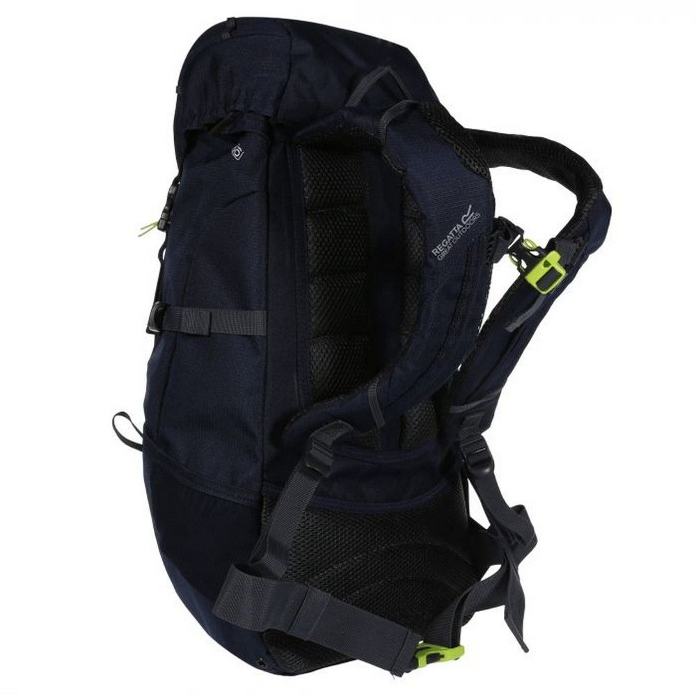 100% polyester ripstop fabric. Padded shoulder straps. Padded air mesh back protection panels. Aluminium stays for internal support. Adjustable sliding chest harness. Side compression straps. Soft micro mesh water bottle side pockets. Internal hydration storage pocket and drinking tube retainer. Daisy chain webbing. Zipped lid pocket. Internal key clip. Integral bungee walking pole holders. Detachable raincover. Reflective detail for enhanced visibility. Grab handles.