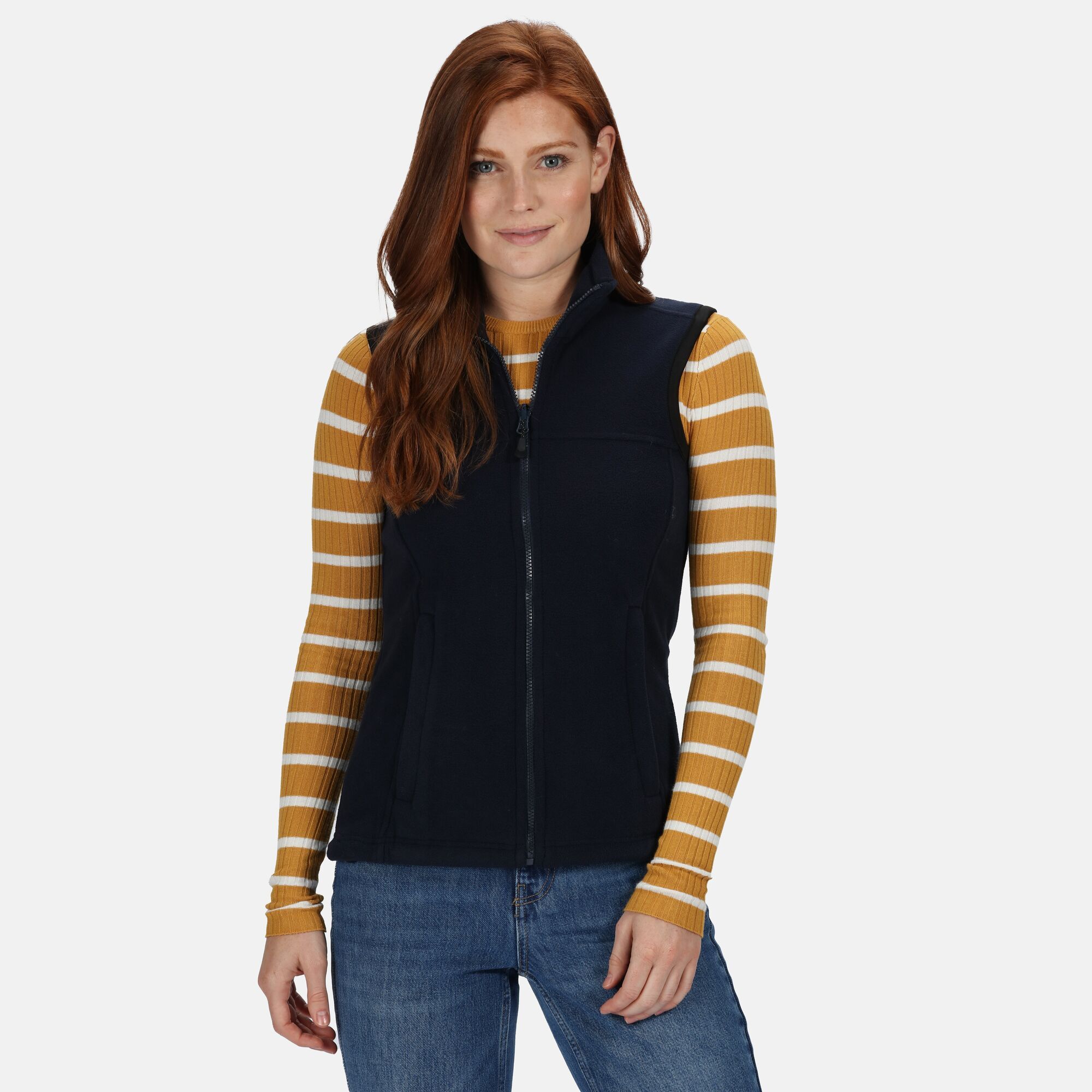 Interactive. Elasticated bound armholes. 2 zipped lower pockets. Adjustable shockcord hem. Shaped fit. Size 10, 12, 14, 16, 18, 20. Fabric 250 series anti-pill Symmetry fleece. Regatta Womens sizing (bust approx): 6 (30in/76cm), 8 (32in/81cm), 10 (34in/86cm), 12 (36in/92cm), 14 (38in/97cm), 16 (40in/102cm), 18 (43in/109cm), 20 (45in/114cm), 22 (48in/122cm), 24 (50in/127cm), 26 (52in/132cm), 28 (54in/137cm), 30 (56in/142cm), 32 (58in/147cm), 34 (60in/152cm), 36 (62in/158cm). 100% polyester.