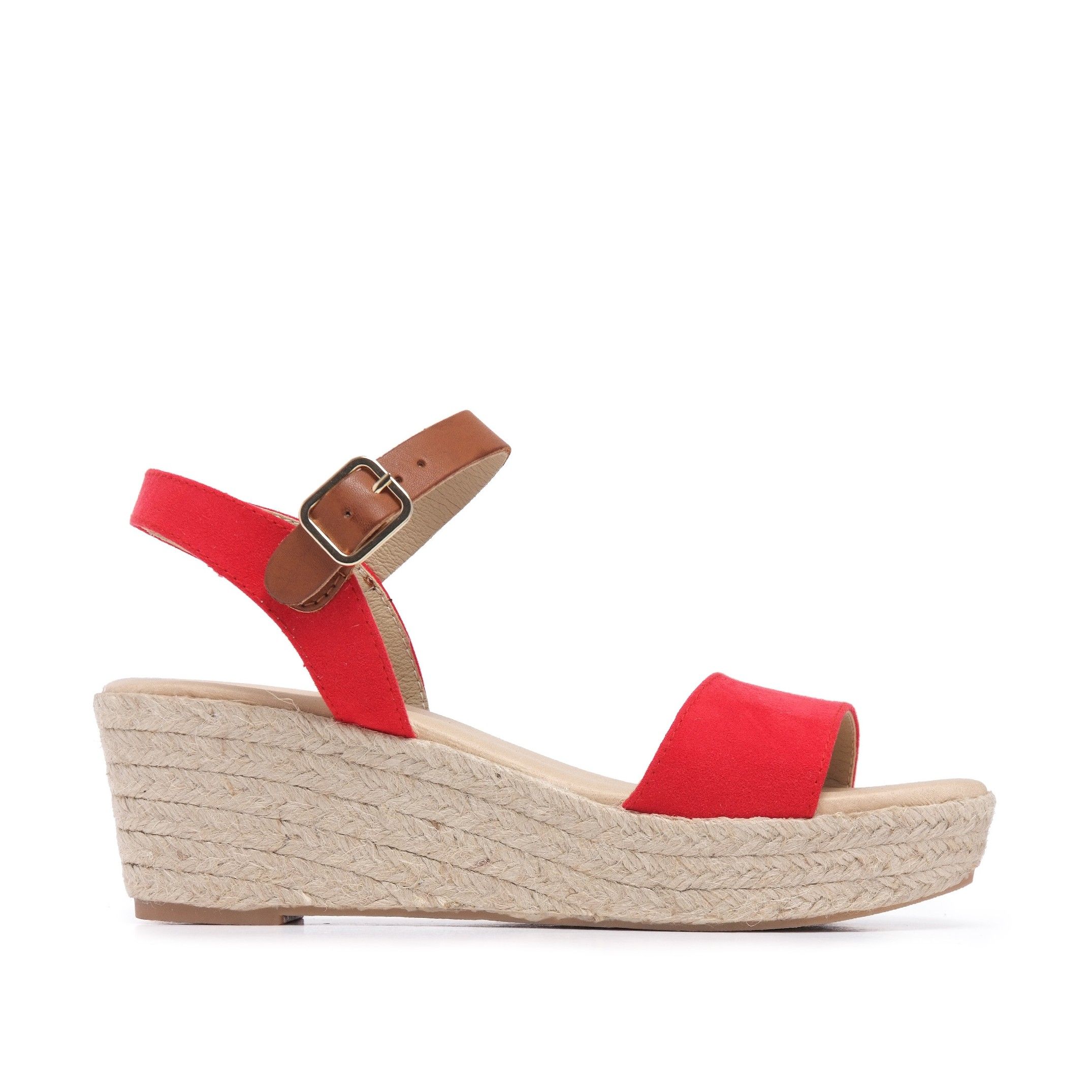 Jute and leather wedge sandal. Closure: metallic buckle at ankle height. Upper: leather and tissue. Insole: gel lined in leather. Wedge: 6 cm of jute. Platform: 2,5 cm. Sole:Non-skid rubber. MADE IN SPAIN.