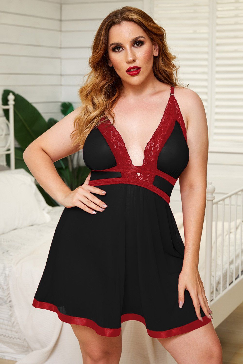 – Transparent mesh crafted which looks sexy hot.
– Adjustable straps, lace trim.
– Deep v neckline with bowknot d√©cor front center.
– High waist and flowy mesh skirt.
– Azura Exchange plus size lingerie with matching panty.
. .
Size Chart (CM).
Sizes.	Waist.	Under_Bust_Girth.	Trousers_Waist.
	Relax.	Relax.	Relax.
1X.	76.	76.	80.
2X.	83.	83.	87.
3X.	90.	90.	94.
4X.	97.	97.	101.
5X.	104.	104.	108.
Elasticity.	Medium.
. . Note:.
1.There maybe 1. -2 cm. deviation in different sizes, locations and stretch of fabrics. Size chart is for reference only, there may be a little difference with what you get..
2.There are 3 kinds of elasticity: High Elasticity (two-sided stretched), Medium Elasticity (one-sided stretched) and Nonelastic (can not stretched )..
3.Color may be lighter or darker due to the different PC display..
4.Wash it by hand in 30-degree water, hang to dry in shade, prohibit bleaching..
5.There maybe a slightly difference on detail and pattern of this dress..