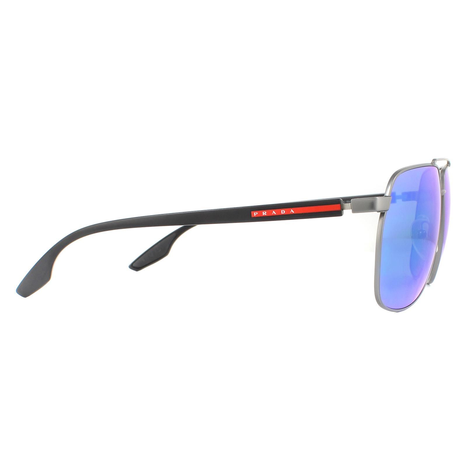 Prada Sport Sunglasses PS55VS 7CQ5M2 Matte Gunmetal Light Green Blue Mirror  are a contemporary and lightweight aviator style with a distinctive double bridge and iconic Prada Sport red stripe branding along the temples.