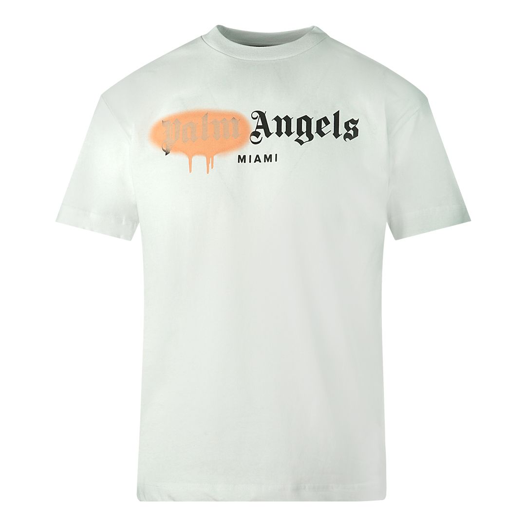 Palm Angels White Tee. Regular Fit, Fits True To Size. Palm Angels Gothic Logo Print With Light Pink Spray Paint Detail. 100% Cotton. Style Code: PMAA001S21JER0340130