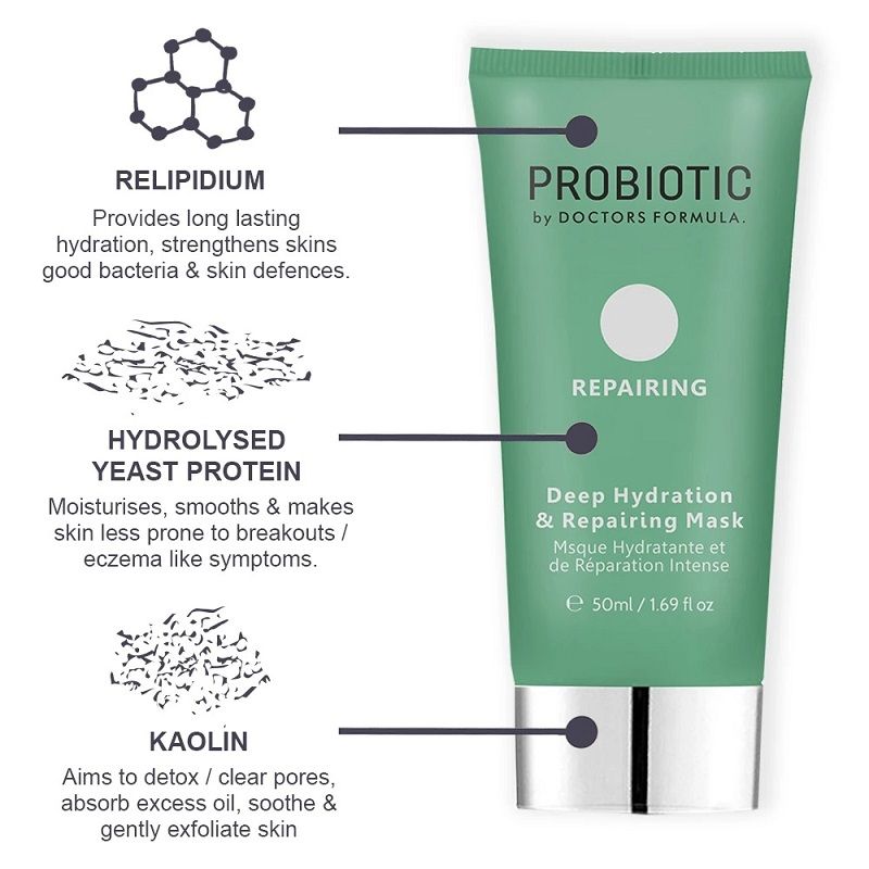 WHAT IS IT: Doctors Formula Probiotics Repairing - Deep Hydration & Repairing Mask 50ml
Deep Hydration & Repairing Mask has the power to provide instant results to the complexion.
Designed to refine pores, draw out impurities, even out skin tone and increase hydration.
Using this face mask 2-3 times a week will give the skin that extra boost of hydration. 
Smooth a thin layer onto the skin after cleansing. Leave on for 5-10 minutes & wash off.
KEY BENEFITS:
Provides long lasting hydration
Smoother, more radiant looking complexion
Plumps skin
Skin feels hydrated, balanced & strong