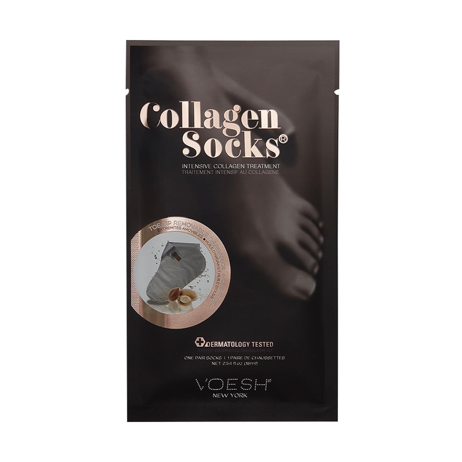 Voesh New York Collagen Foot Mask Socks with Argan & Olive Oil 16ml.  VOESH UV protective foot mask socks bring innovation to pedicure treatment. Each Mask is pre-loaded with argan oil and collagen-rich emulsion to penetrate and moisturize the skin. When ready to have your pedicure, simply remove the tips of the toes along the perforated pre-cut lines.  Made with a micro-thin dual layered material. Protects up to 98.9% of UV rays. Save time by moisturizing your feet while getting a pedicure. Great for softening calluses. Patent Pending.  Enriched With Collagen & Argan Oil. 

YOU DO NOT NEED
Massage Lotion
Paraffin Wax