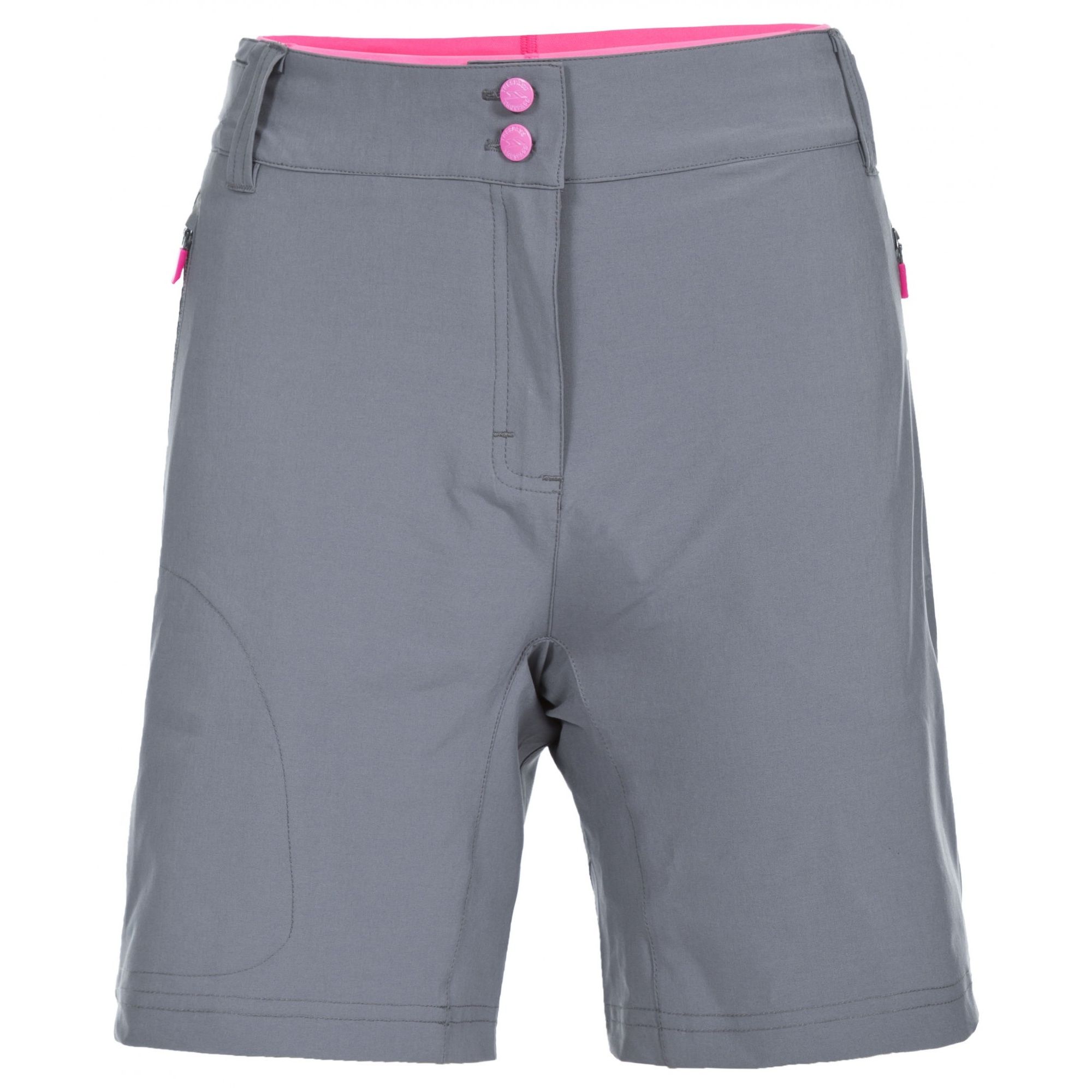 Removable padded inner cycle short. Flat waist with side touch fastening tab adjuster. 3 zip pockets. Reflective trims and prints. Coolmax. Quick dry. Woven outer, knitted inner. 90% Polyester/10% Elastane. Trespass Womens Waist Sizing (approx): XS/8 - 25in/66cm, S/10 - 28in/71cm, M/12 - 30in/76cm, L/14 - 32in/81cm, XL/16 - 34in/86cm, XXL/18 - 36in/91.5cm.