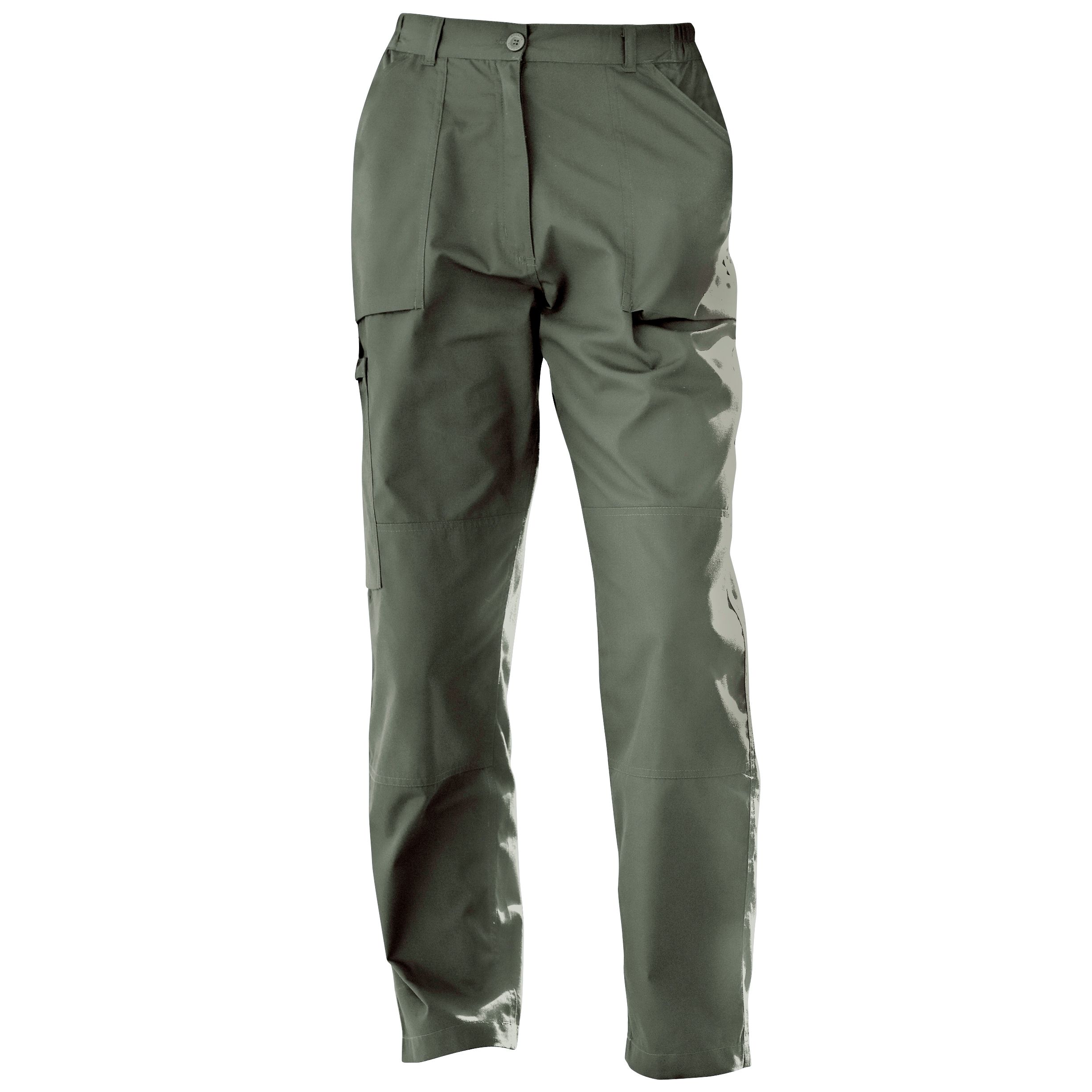 100% polycotton. Part elasticated waist. Belt loops. Multi pocketed with concealed zips. 2 front large pockets with hem bellows. Right side zippered pocket with welt covering. Durable water repellent finish. Leg length: Short - 27, Regular - 29, Long - 31. 180g/m.
