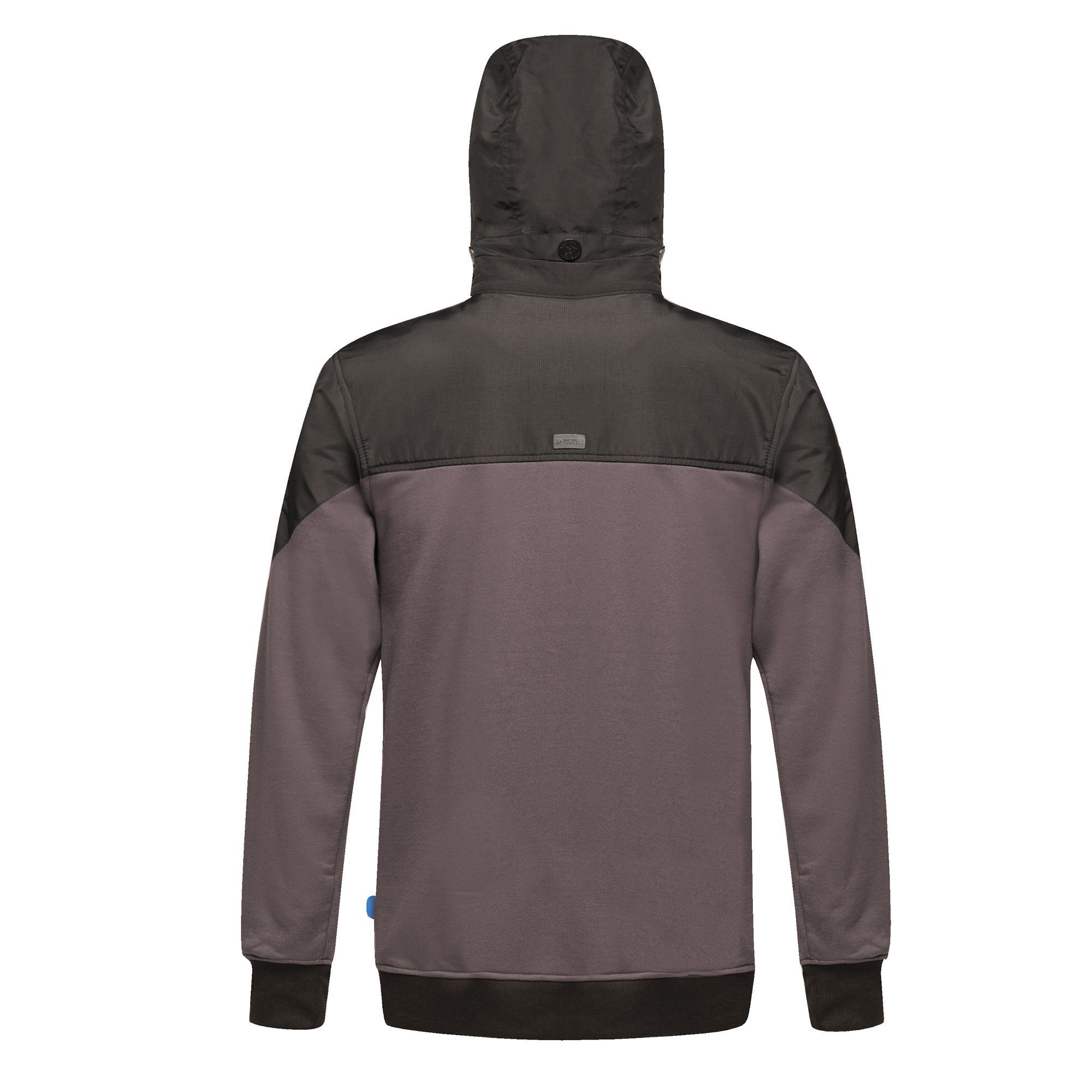 50% cotton/50% polyester brushed back fabric. Woven water repellent fabric on shoulder, sleeves, front and back panels. Centre front zip with inner chin guard. Detachable hood. 2 chest pockets and 2 side pockets. Ribbed cuffs and hem.