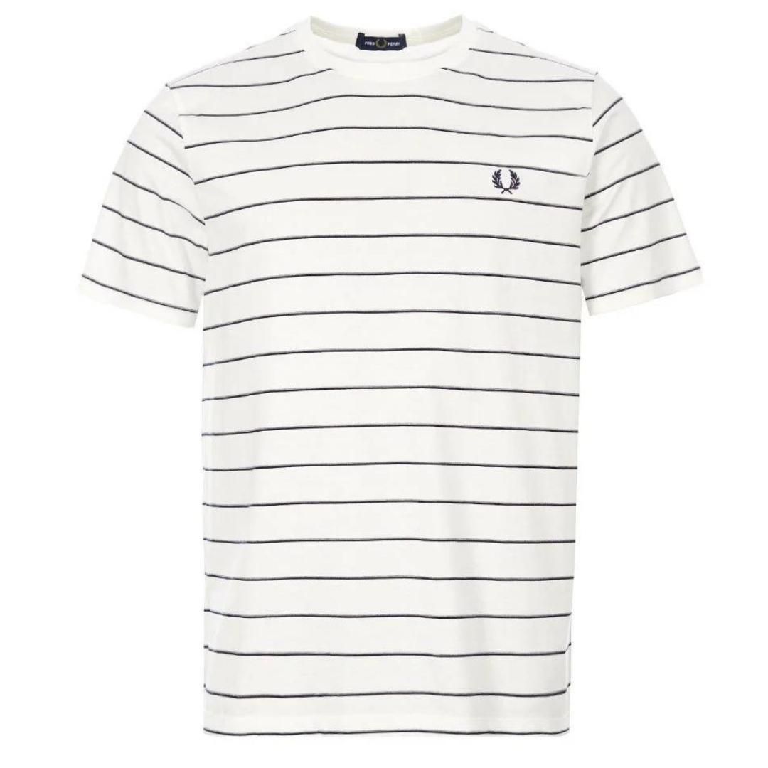 Fred Perry M8532 129 White Stripe T-Shirt. Fred Perry White Tee. 100% Cotton. Logo On Front. Regular Fit. Style: M8532 129