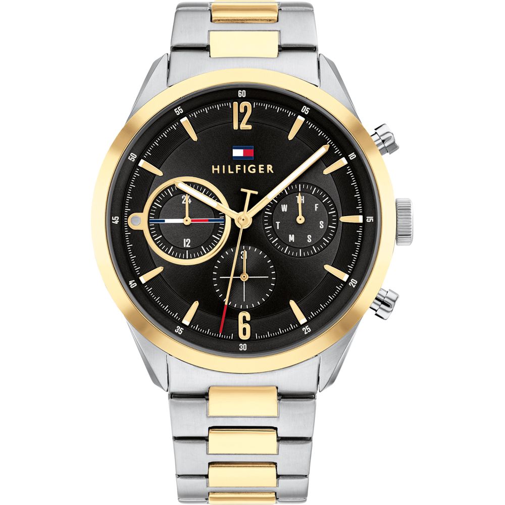 This Tommy Hilfiger Matthew Multi Dial Watch for Men is the perfect timepiece to wear or to gift. It's Multicolour 44 mm Round case combined with the comfortable Multicolour Stainless steel watch band will ensure you enjoy this stunning timepiece without any compromise. Operated by a high quality Quartz movement and water resistant to 5 bars, your watch will keep ticking. The classic colours will go great with any outfit . It enables you to easily spice up a normal outfit and add style to your life. -The watch has a calendar function: Day-Date, 24-hour Display High quality 21 cm length and 21 mm width Multicolour Stainless steel strap with a Fold over with push button clasp Case diameter: 44 mm,case thickness: 11 mm, case colour: Multicolour and dial colour: Black