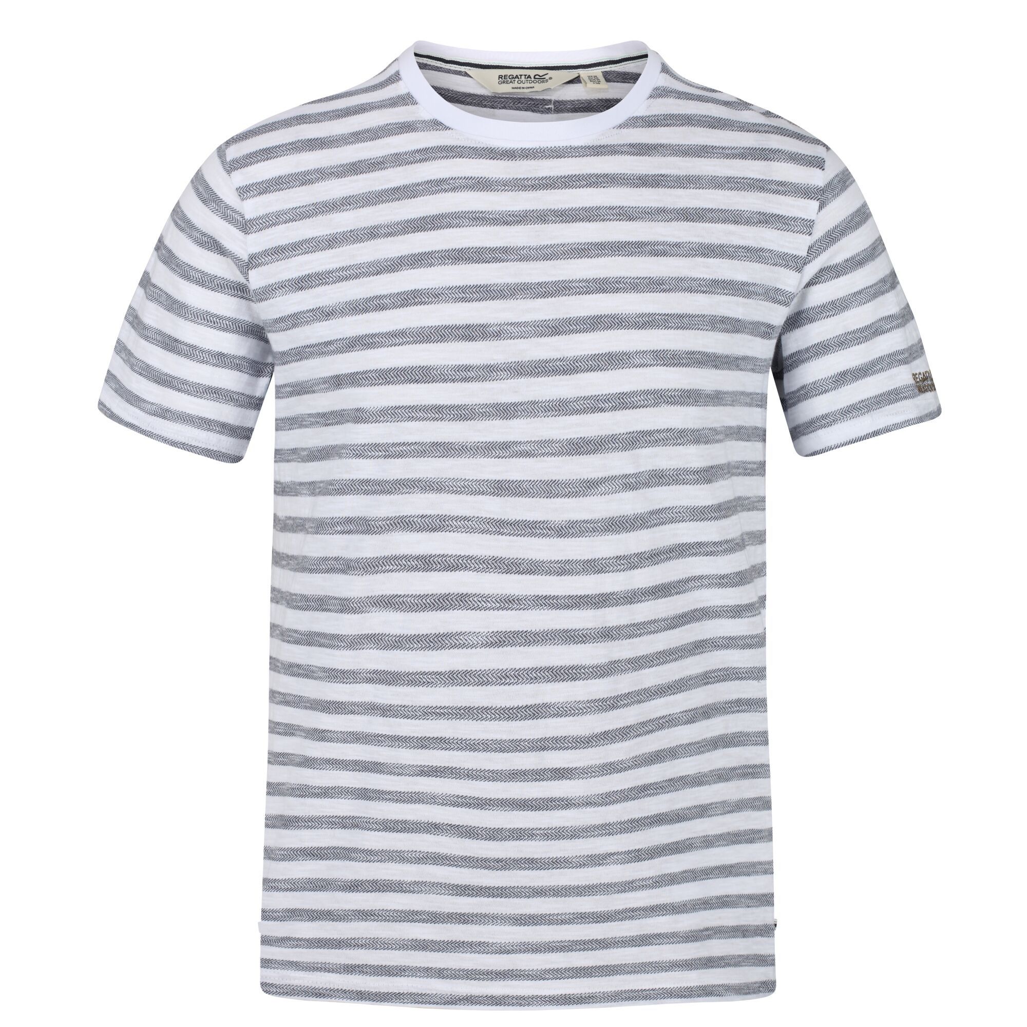 Material: coolweave 100% cotton herringbone striped fabric. Crew neck. Short sleeves.