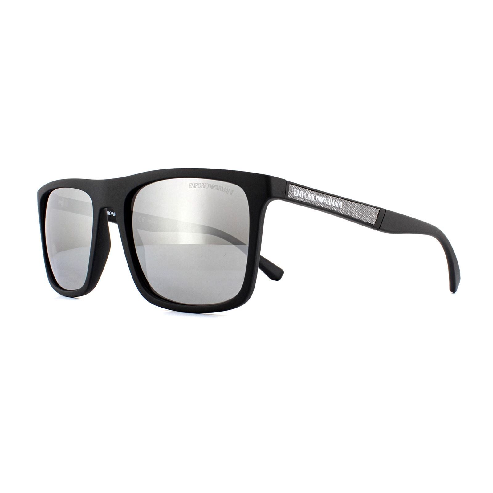 Emporio Armani Sunglasses EA4097 5042/Z3 Matt Black Silver Mirror Polarized have a classic rectangular shape with wayfarer like features with the slightly winged temples that feature a metal stripe and the Emporio Armani lettered logo with the Armani eagle inset.
